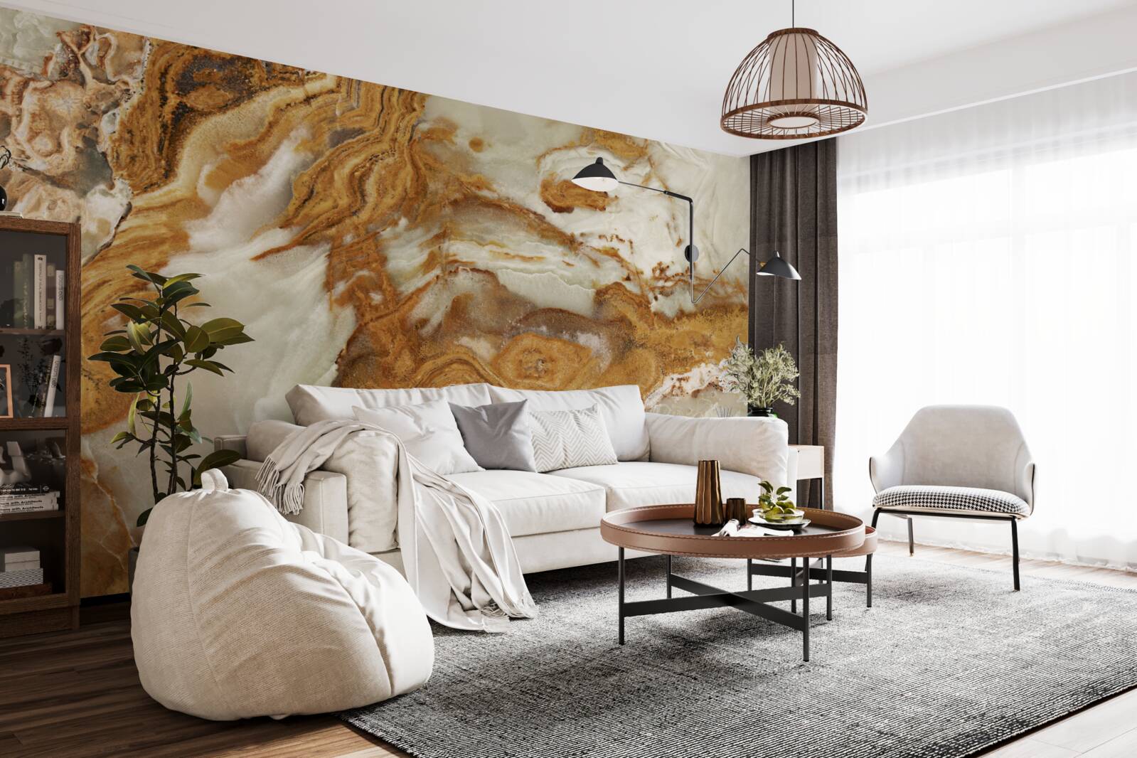 Papier peint marbre blanc veiné de brun