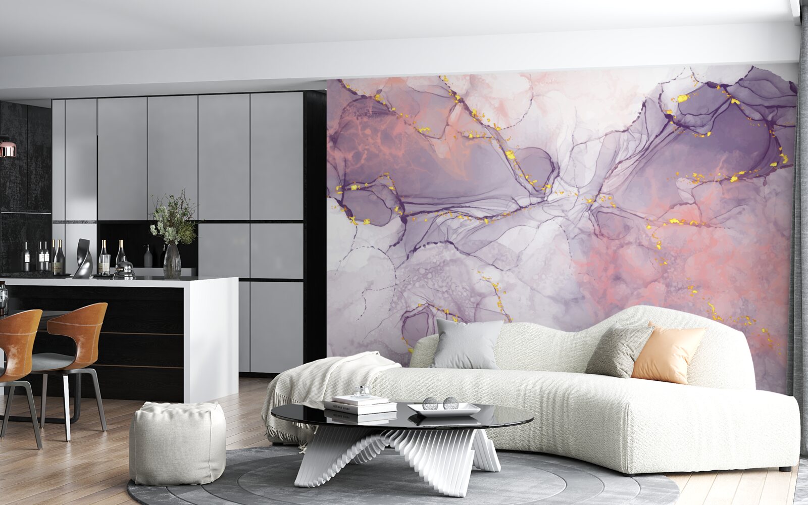 Papier peint fond marbré dans les tons rose et lilas