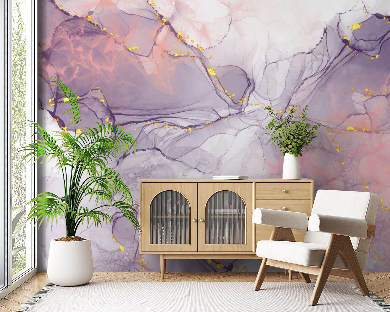 Papier peint fond marbré dans les tons rose et lilas