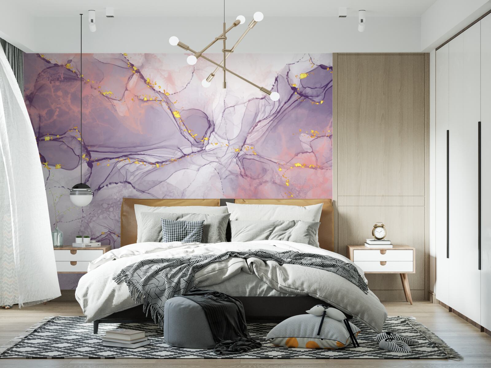 Papier peint fond marbré dans les tons rose et lilas