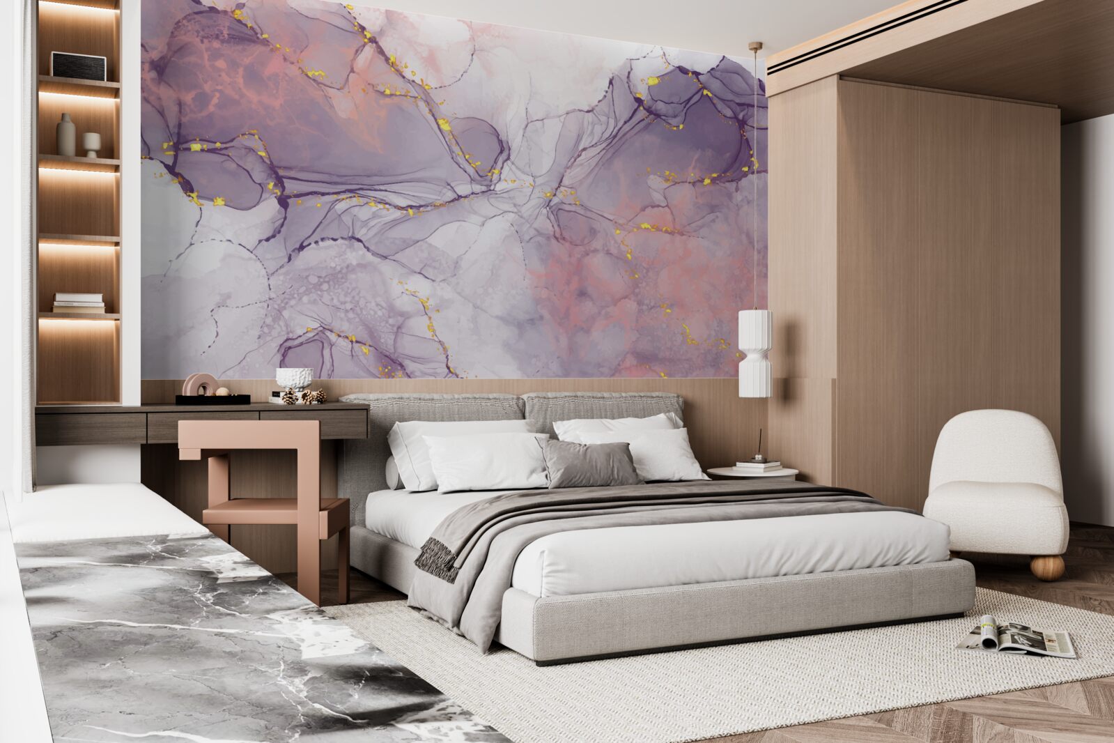 Papier peint fond marbré dans les tons rose et lilas