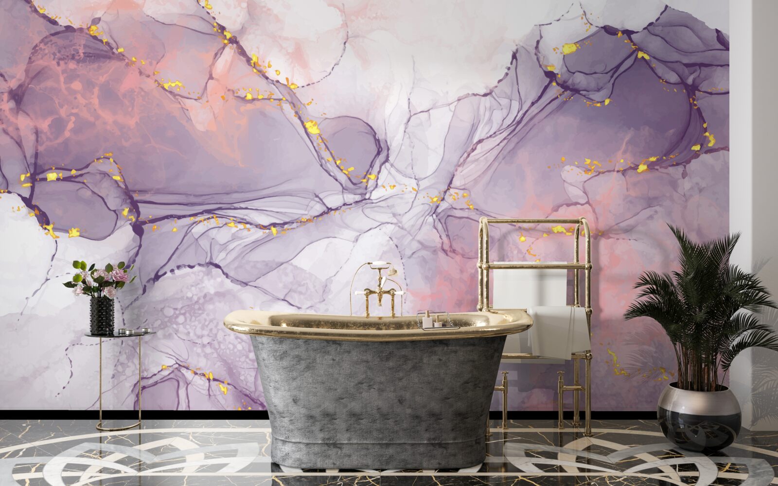 Papier peint fond marbré dans les tons rose et lilas