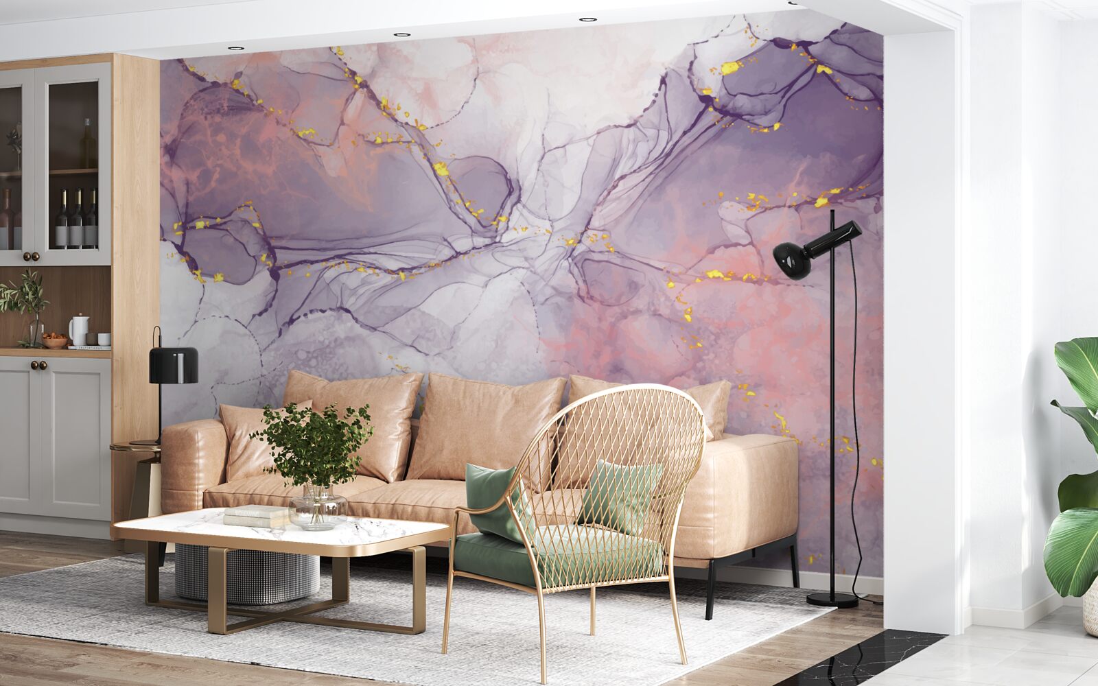 Papier peint fond marbré dans les tons rose et lilas