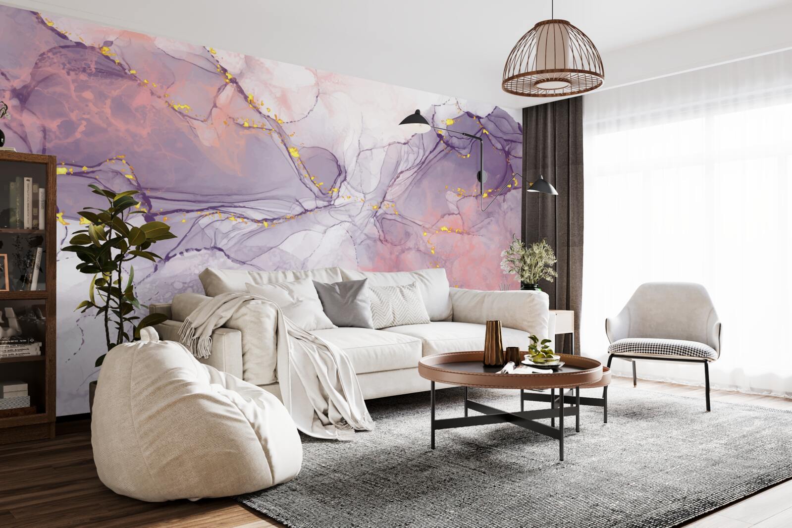 Papier peint fond marbré dans les tons rose et lilas