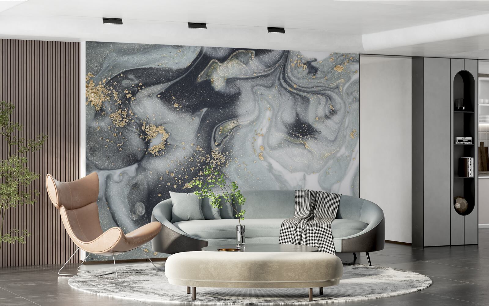 Papier peint grains de sable dorés sur une surface de marbre gris