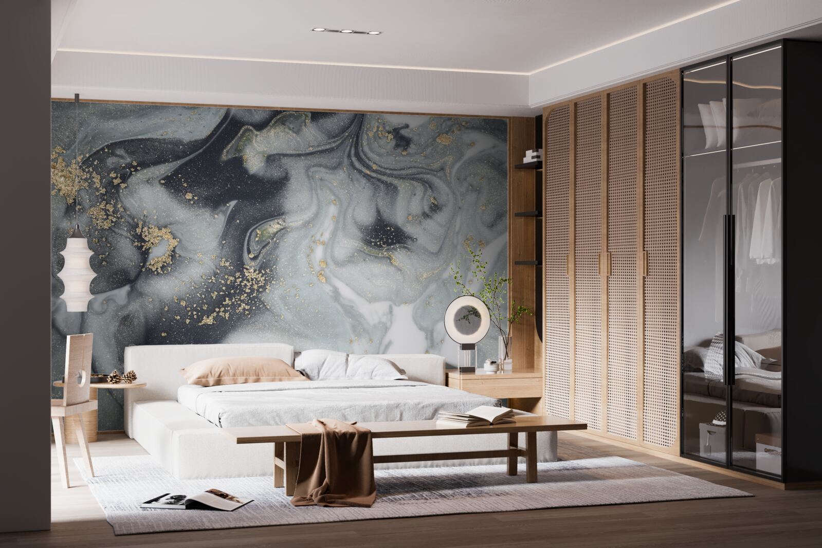 Papier peint grains de sable dorés sur une surface de marbre gris