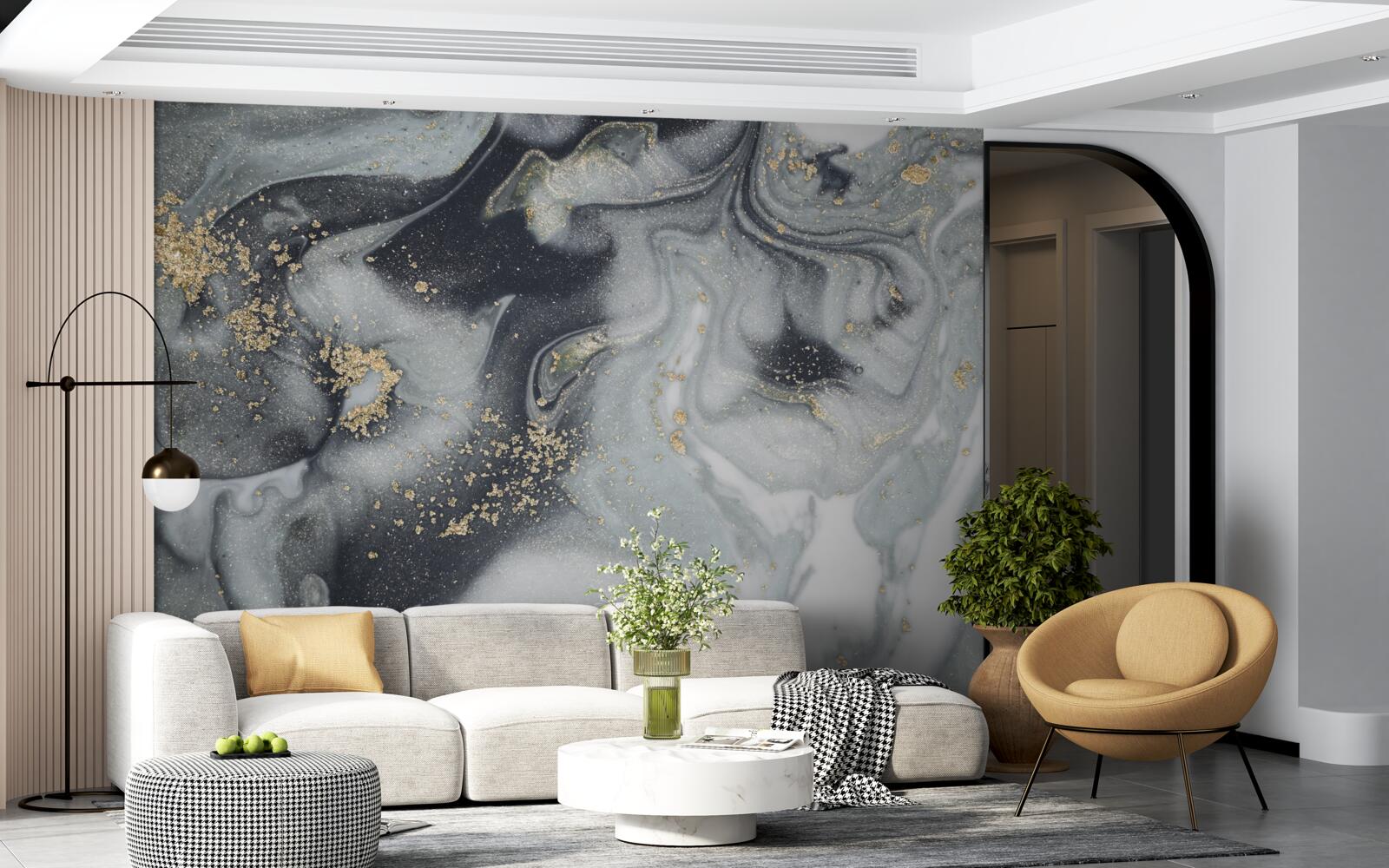 Papier peint grains de sable dorés sur une surface de marbre gris