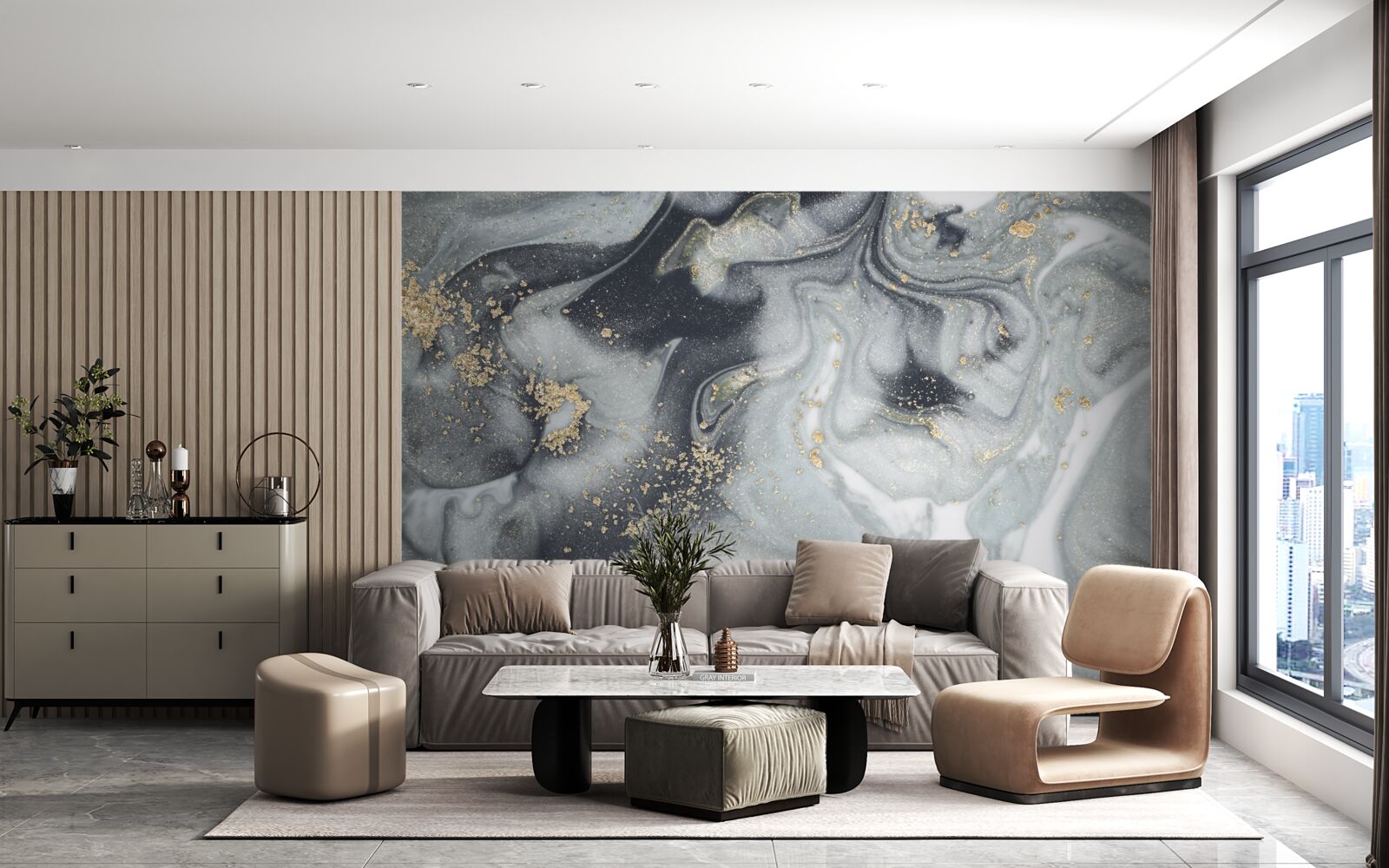 Papier peint grains de sable dorés sur une surface de marbre gris