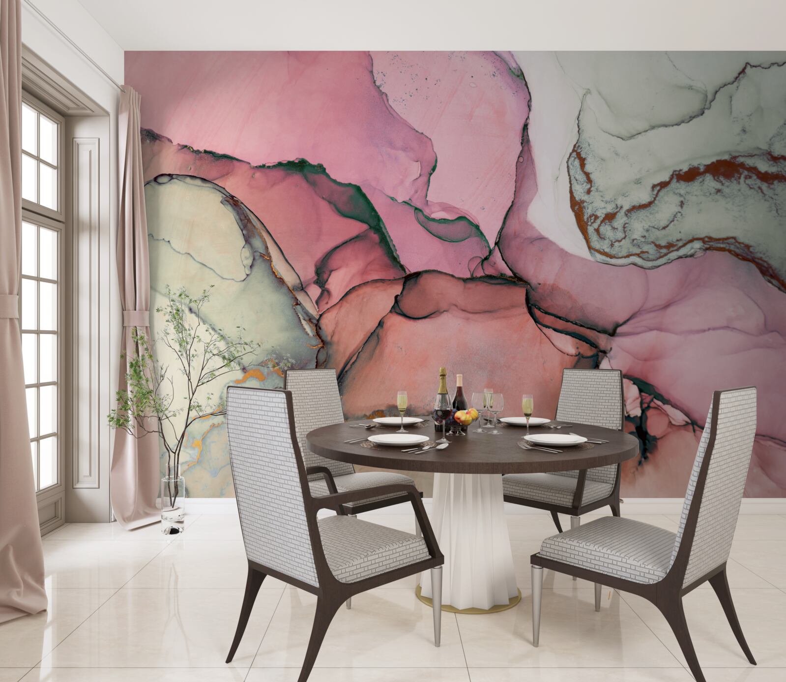 Papier peint marbre dans les tons de rose, inspiration abstraite