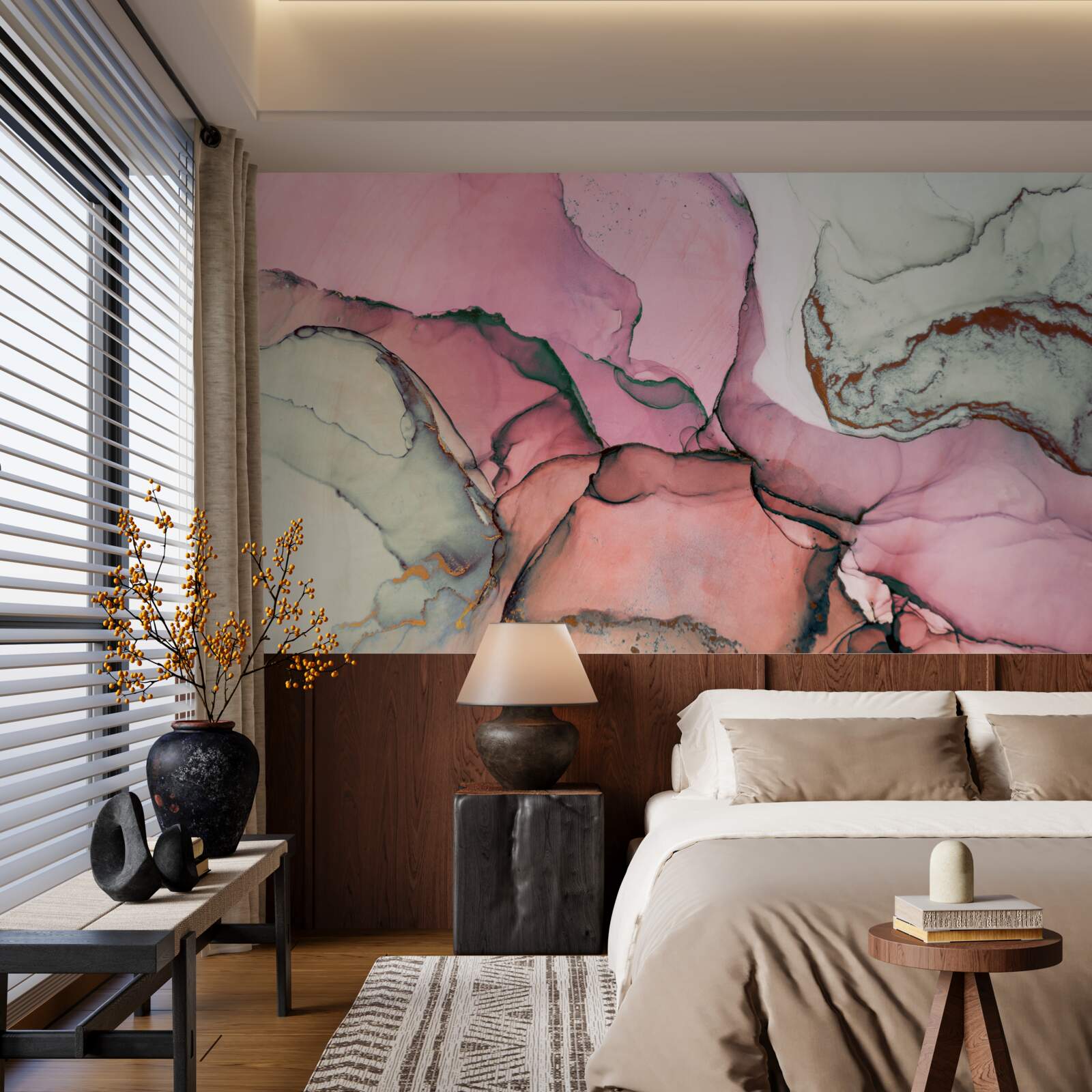 Papier peint marbre dans les tons de rose, inspiration abstraite