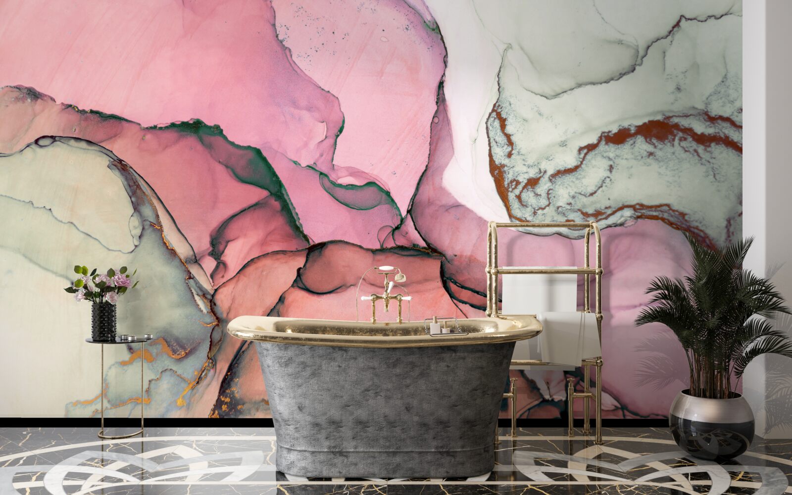 Papier peint marbre dans les tons de rose, inspiration abstraite