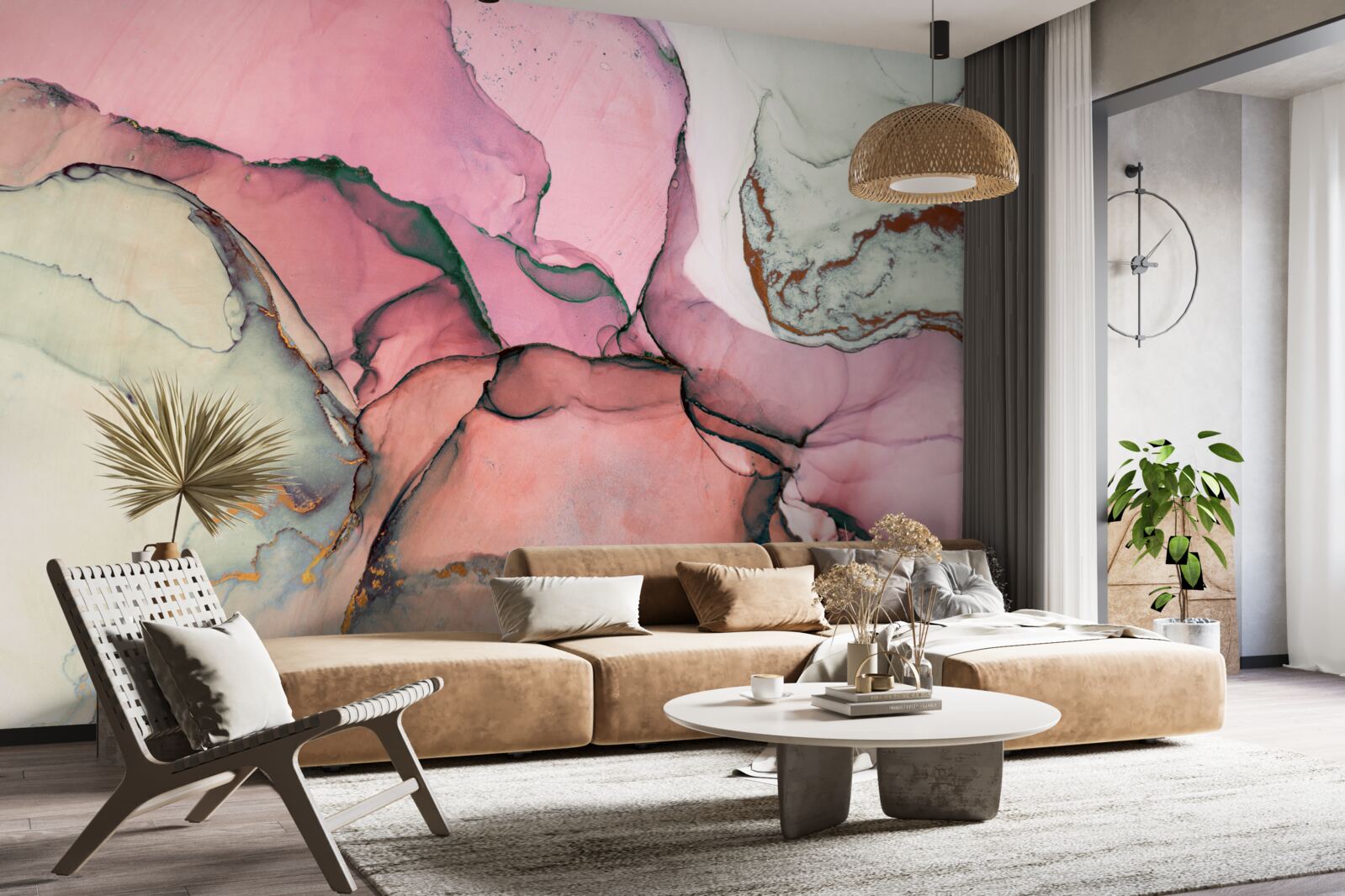 Papier peint marbre dans les tons de rose, inspiration abstraite