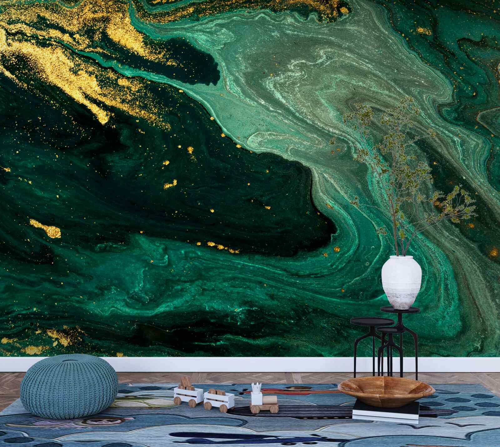 Papier peint motifs dorés sur fond émeraude