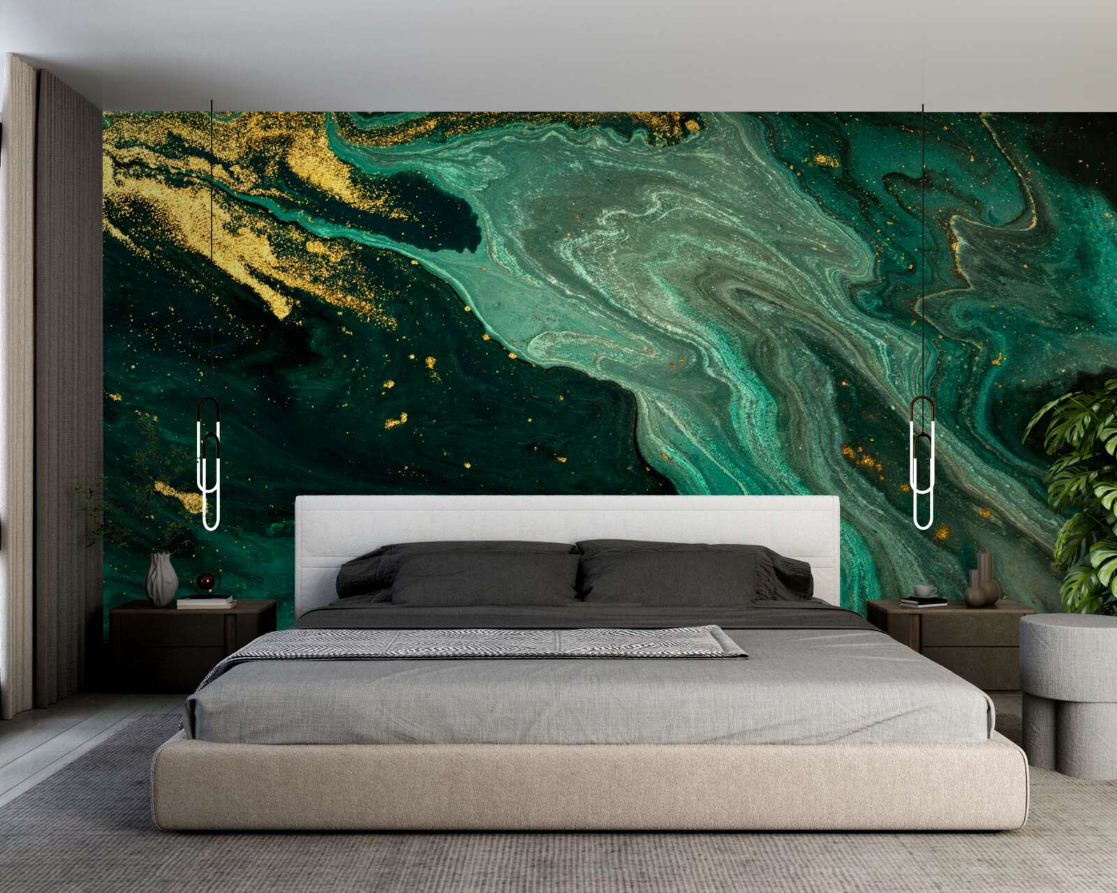 Papier peint motifs dorés sur fond émeraude