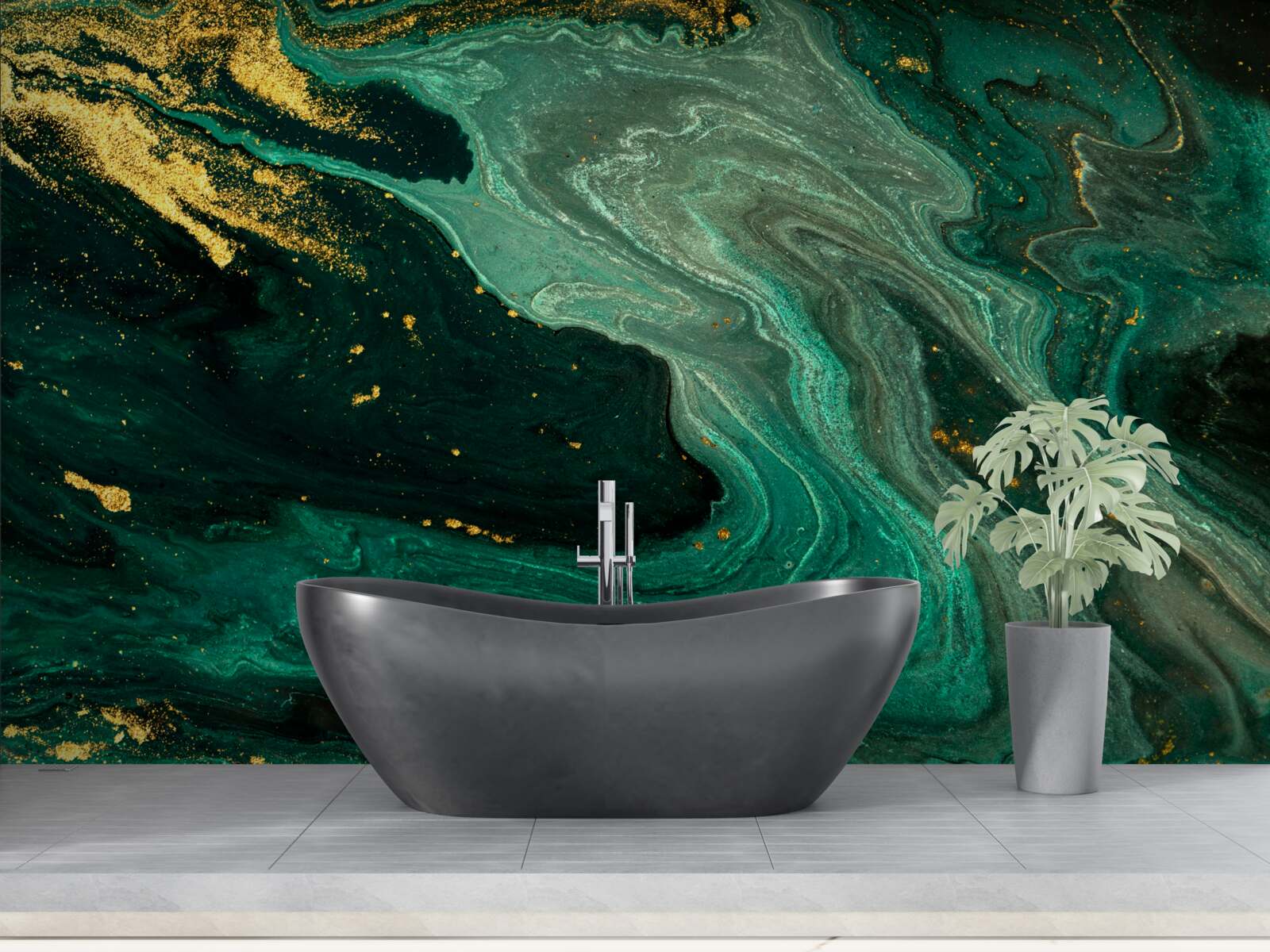 Papier peint motifs dorés sur fond émeraude