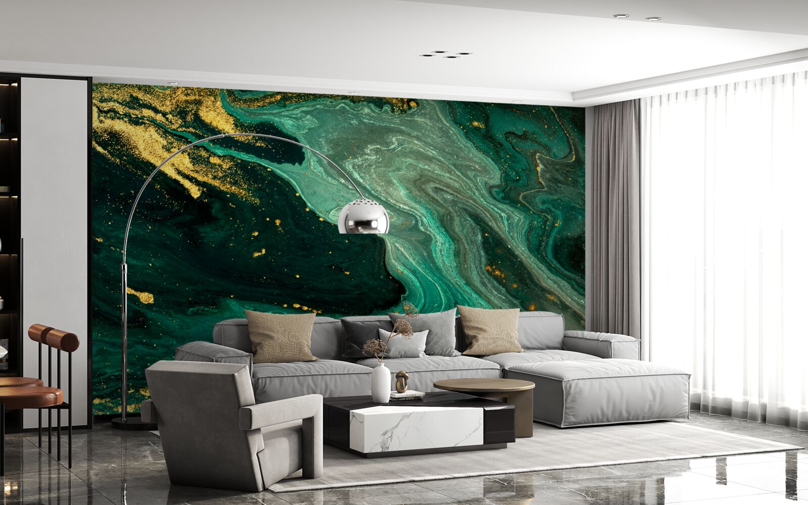 Papier peint motifs dorés sur fond émeraude