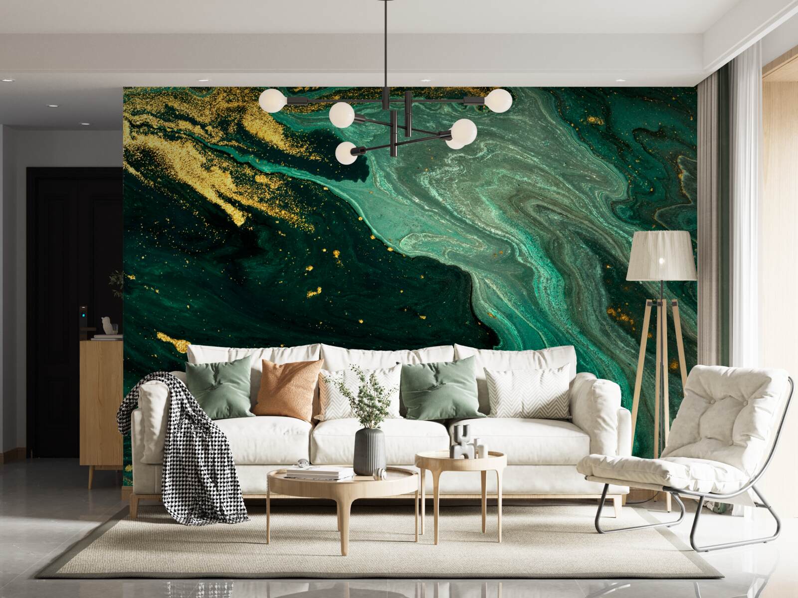 Papier peint motifs dorés sur fond émeraude