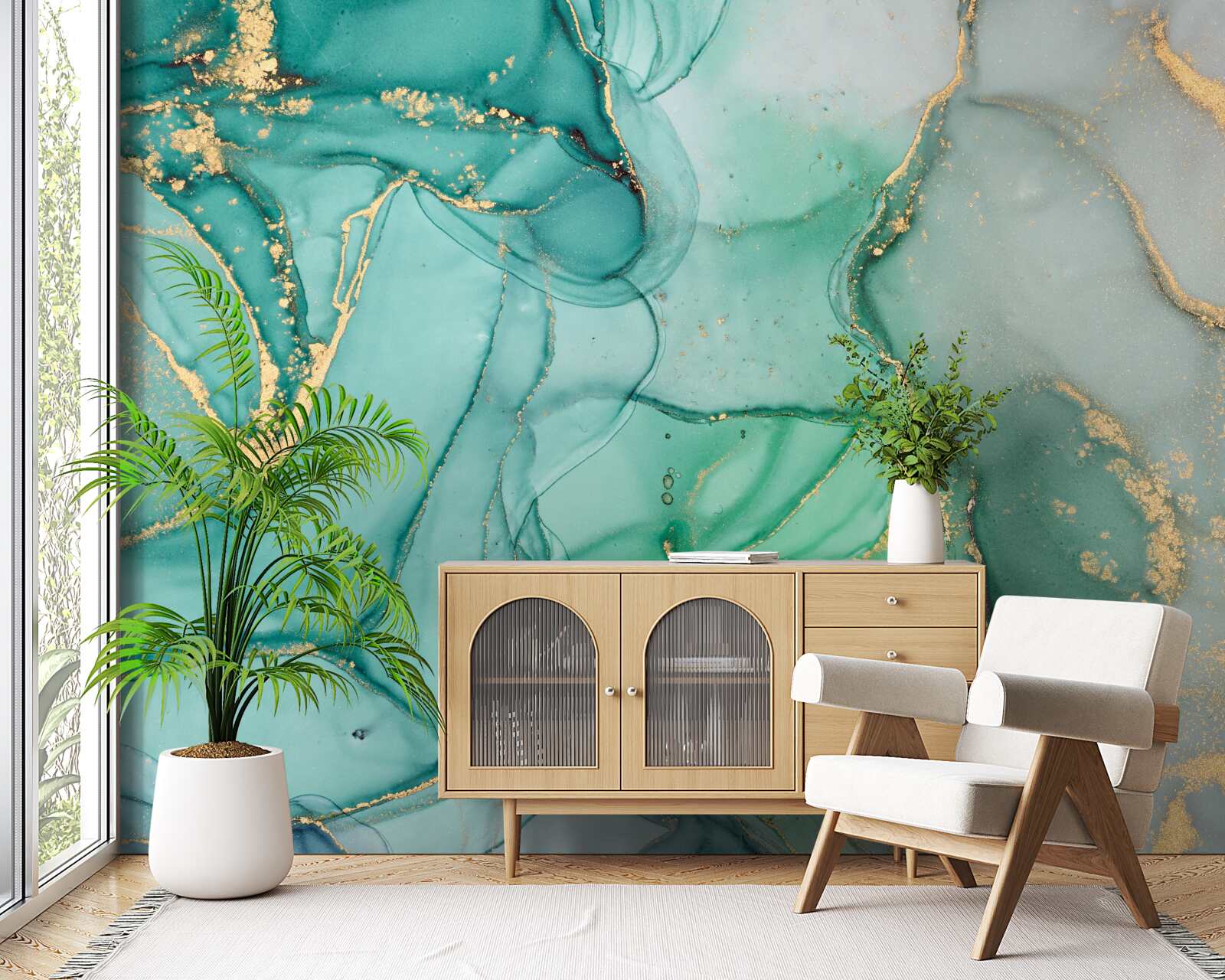 Papier peint abstrait émeraude avec des tons dorés