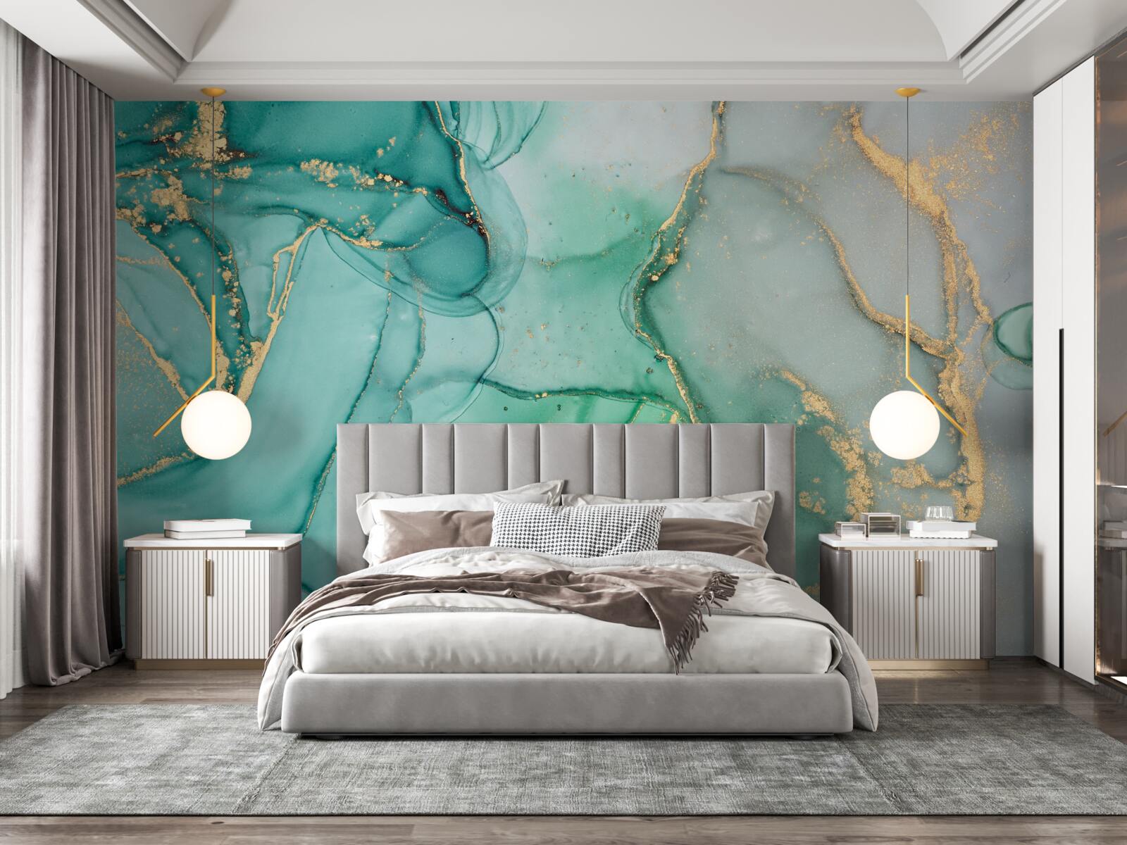 Papier peint abstrait émeraude avec des tons dorés