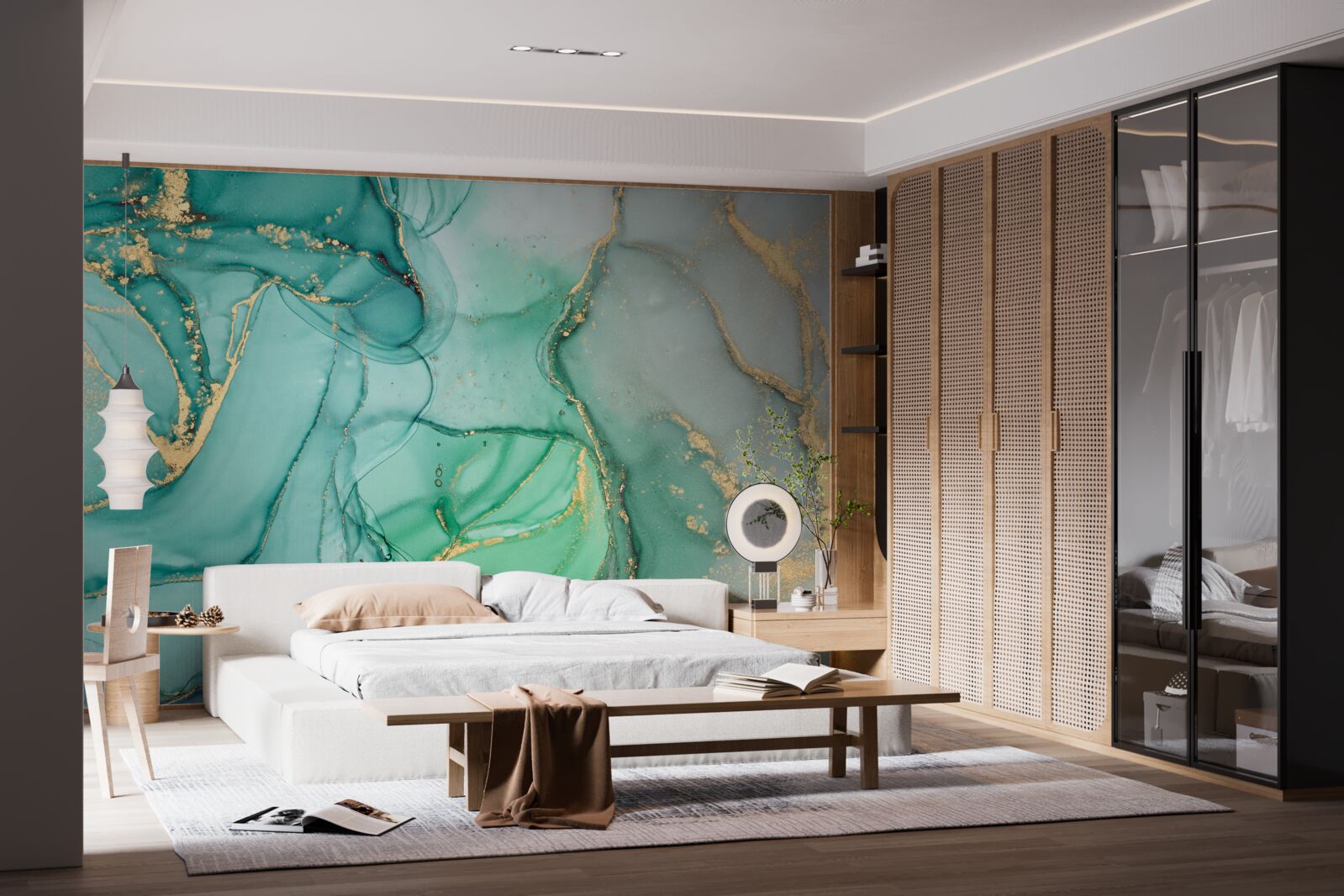 Papier peint abstrait émeraude avec des tons dorés