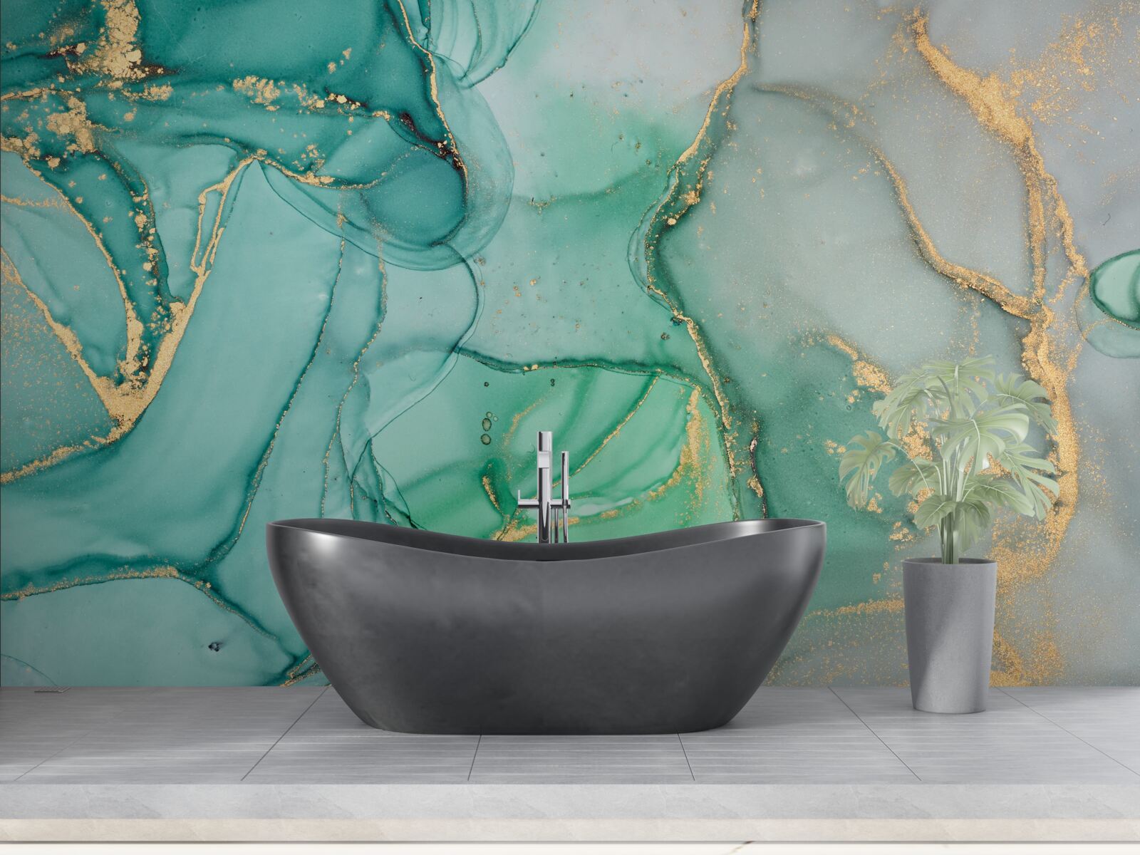 Papier peint abstrait émeraude avec des tons dorés