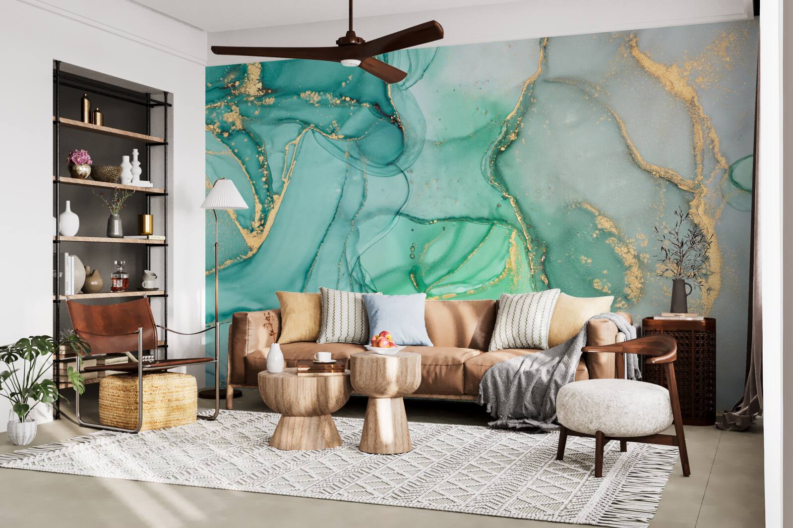 Papier peint abstrait émeraude avec des tons dorés