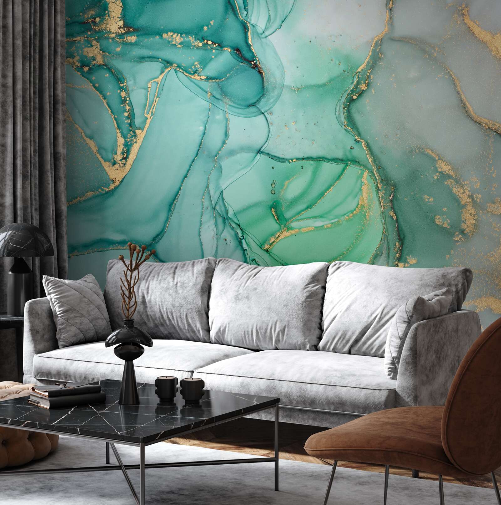Papier peint abstrait émeraude avec des tons dorés