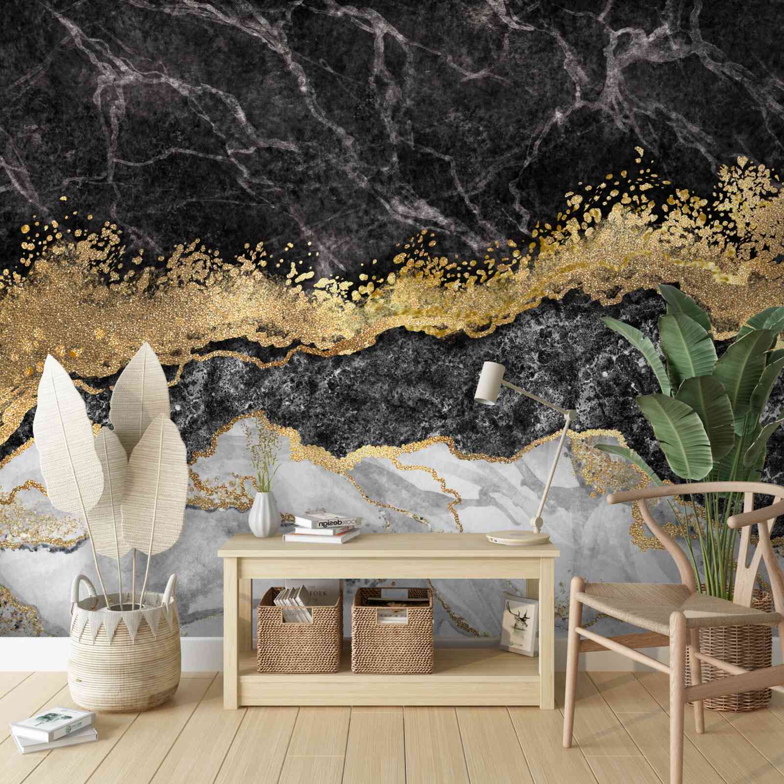 Papier peint marbre avec or sur fond noir