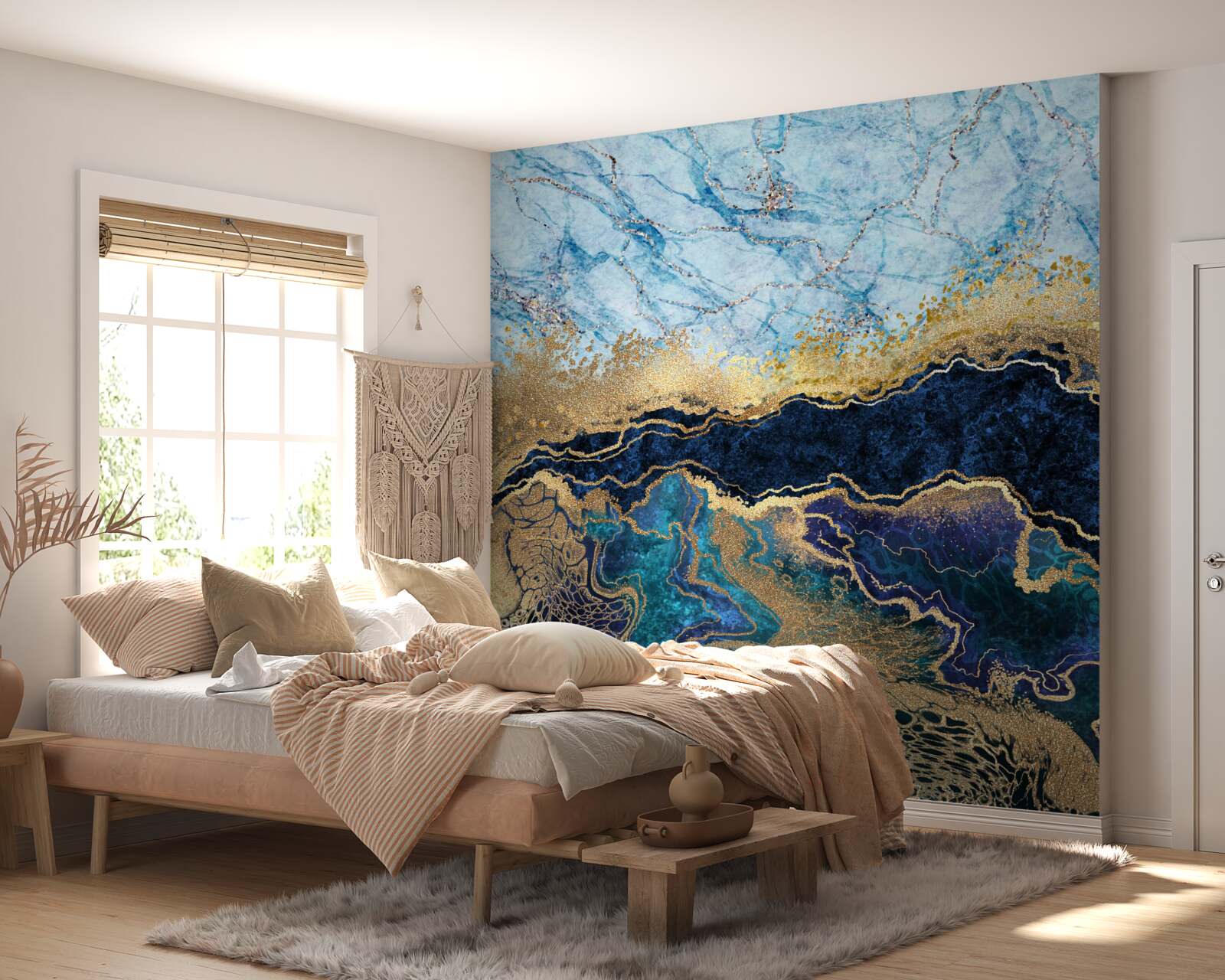 Papier peint marbre bleu de luxe avec veines d'or