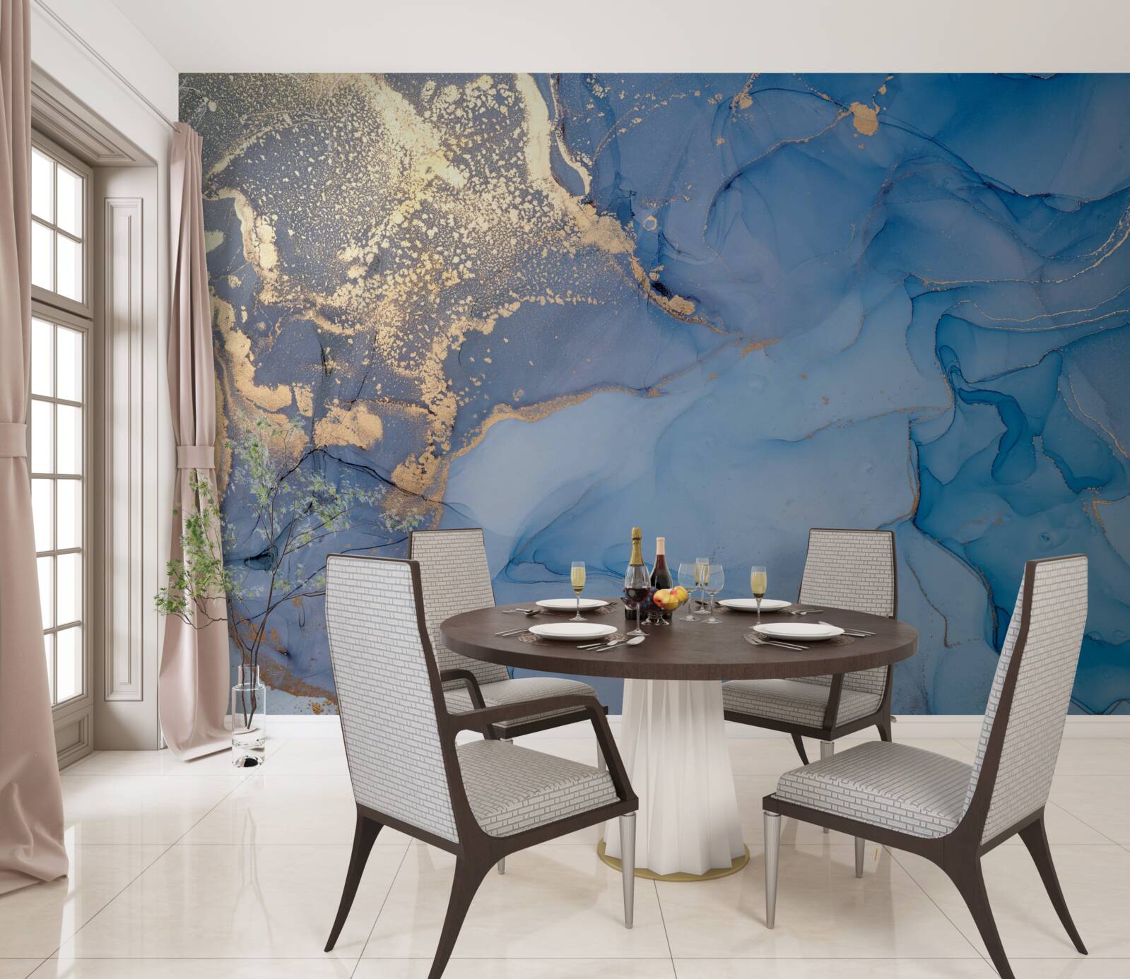 Papier peint liquide doré avec bleu