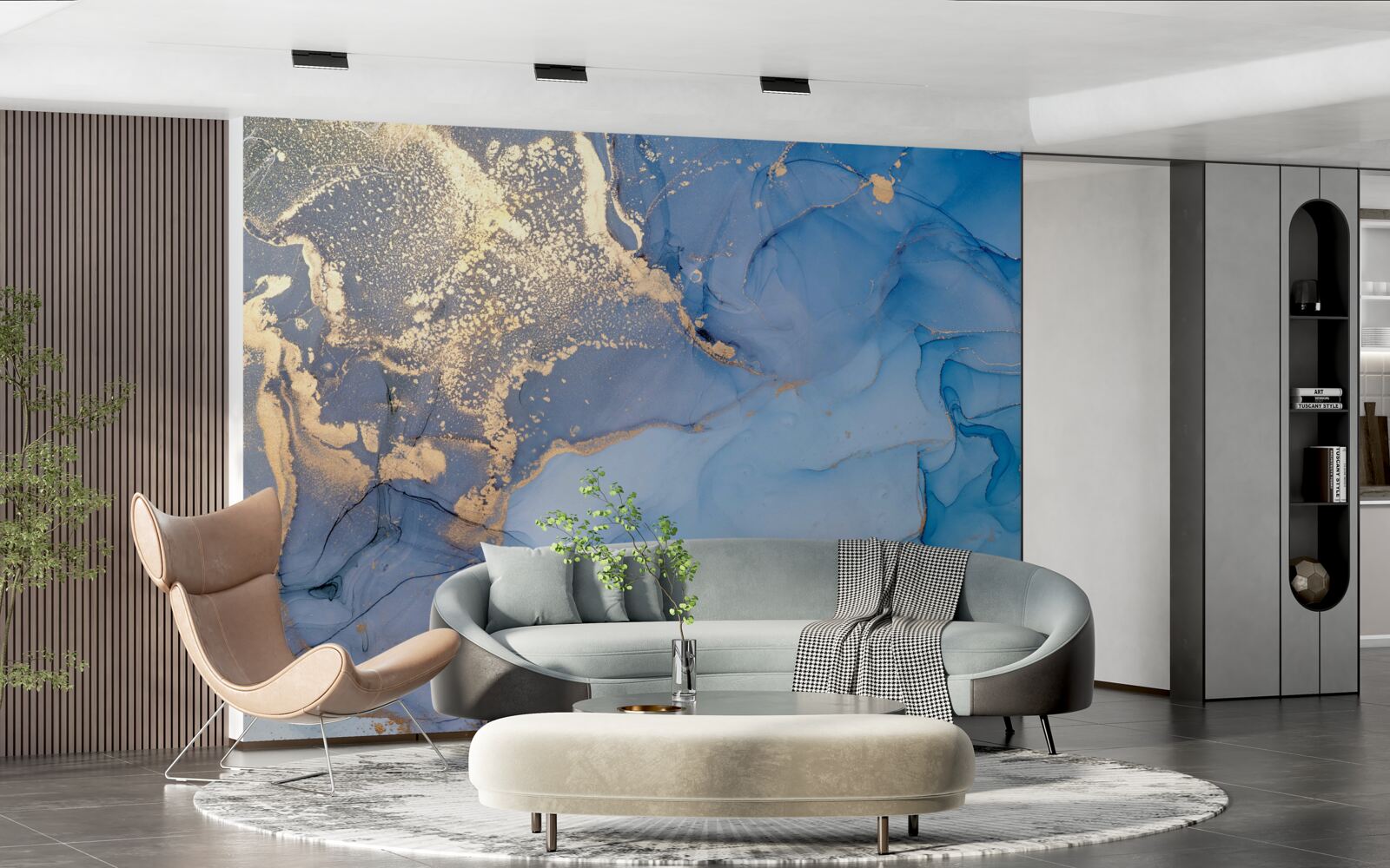 Papier peint liquide doré avec bleu