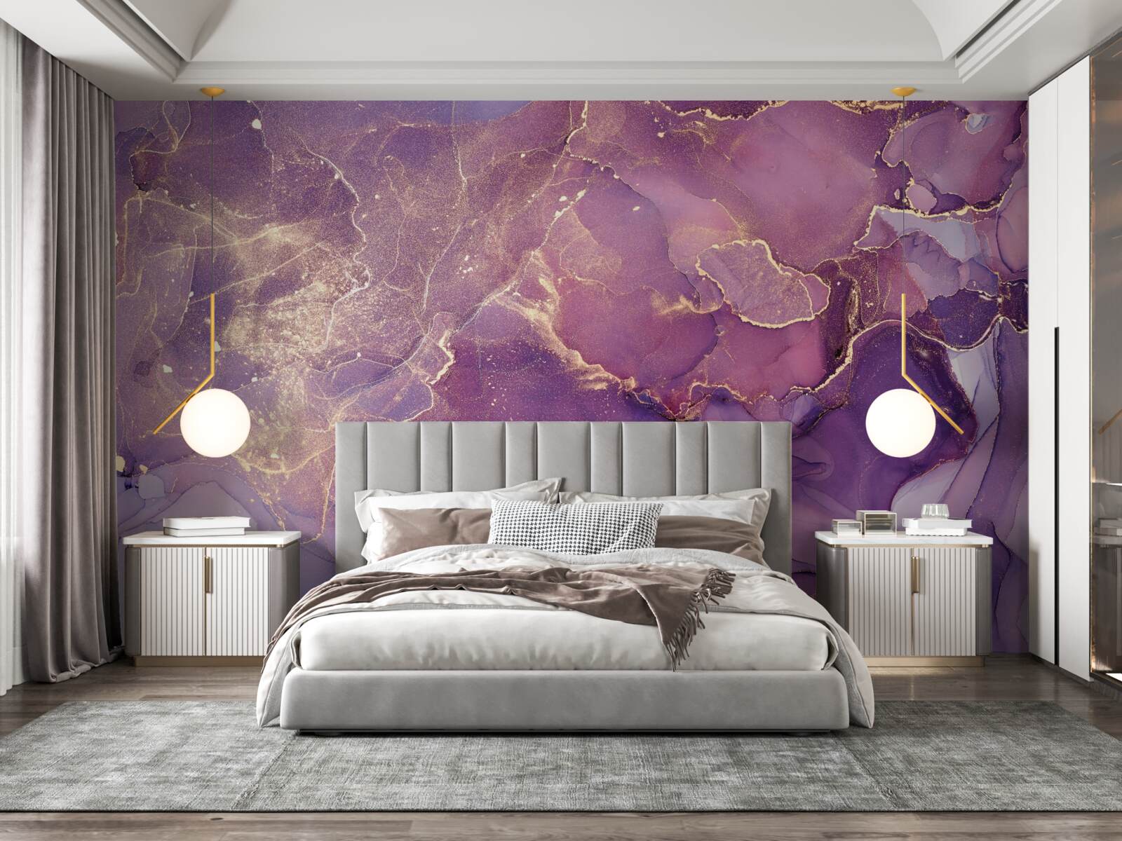 Papier peint fond marbré en or avec une teinte violette