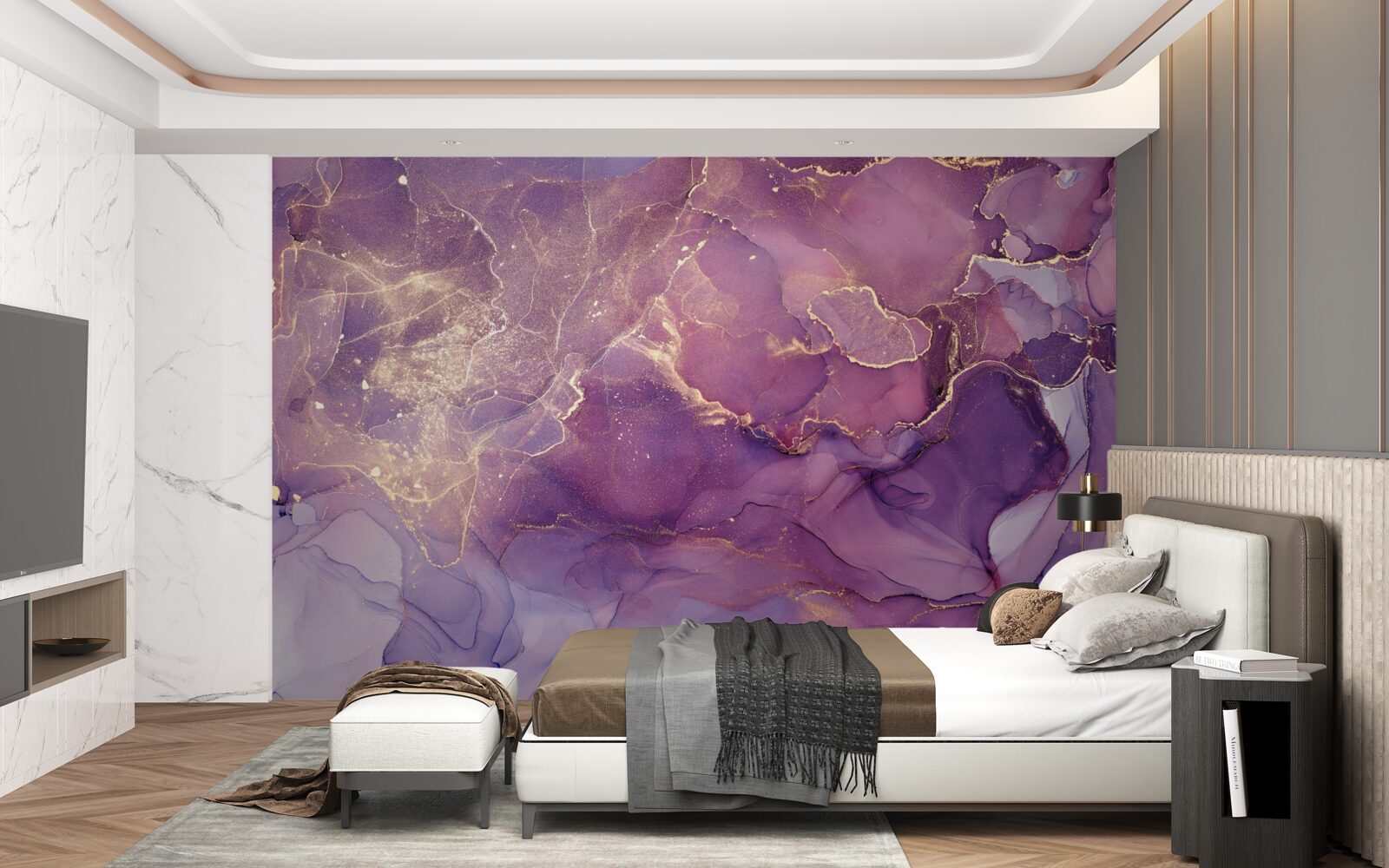 Papier peint fond marbré en or avec une teinte violette