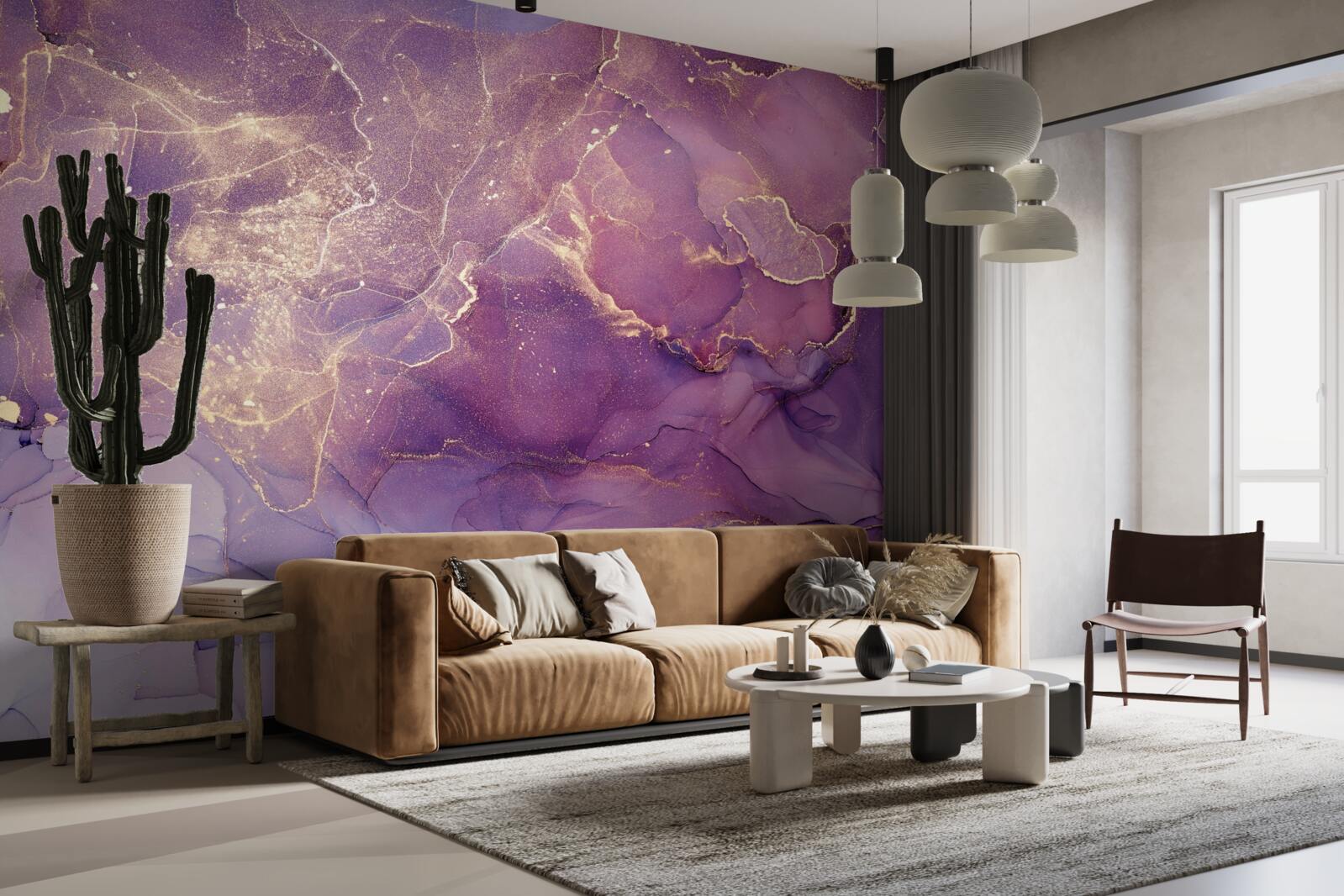 Papier peint fond marbré en or avec une teinte violette