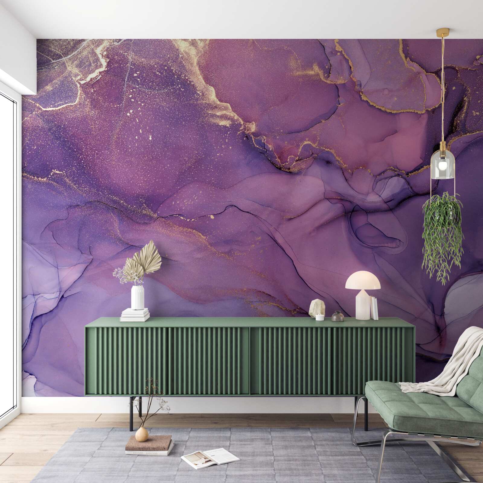 Papier peint fond de marbre lilas avec éléments dorés