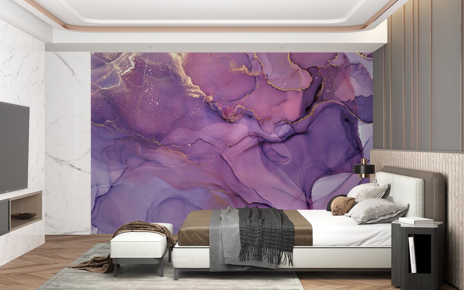 Papier peint fond de marbre lilas avec éléments dorés