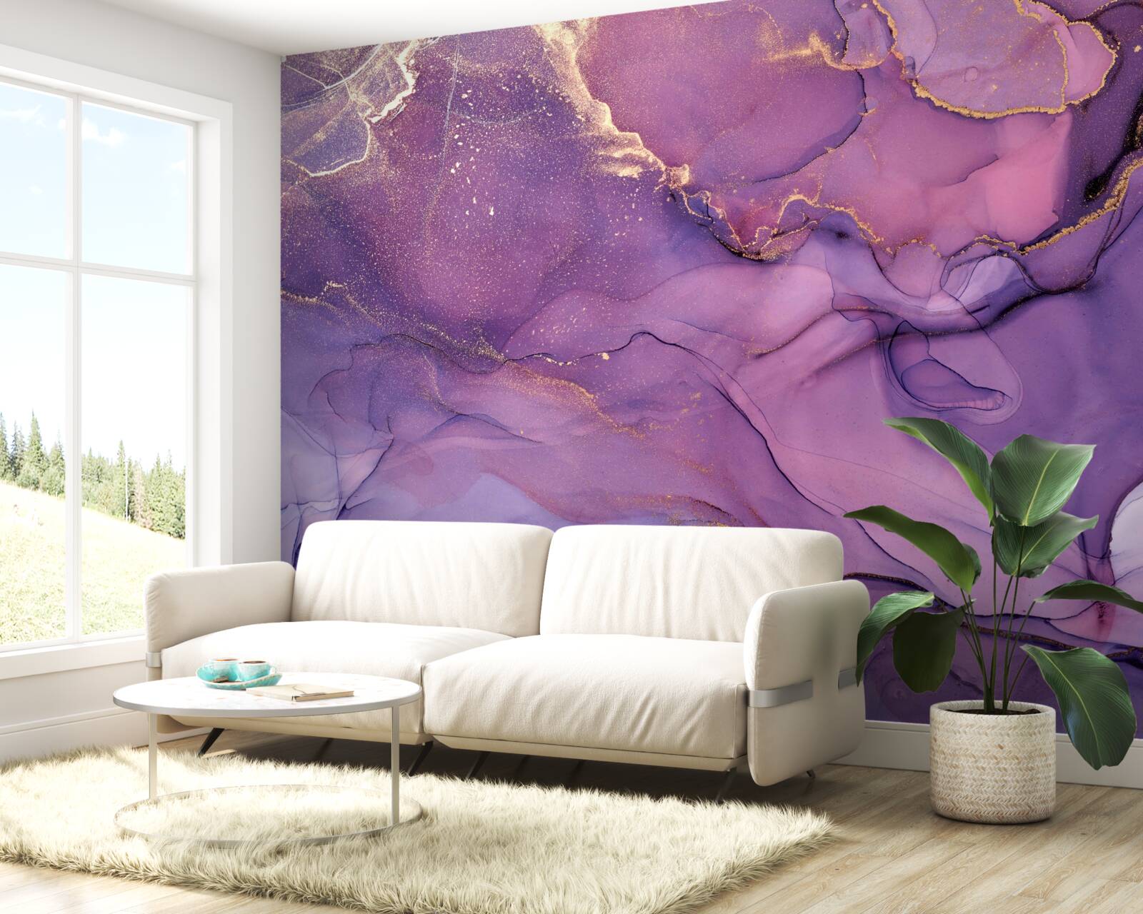 Papier peint fond de marbre lilas avec éléments dorés