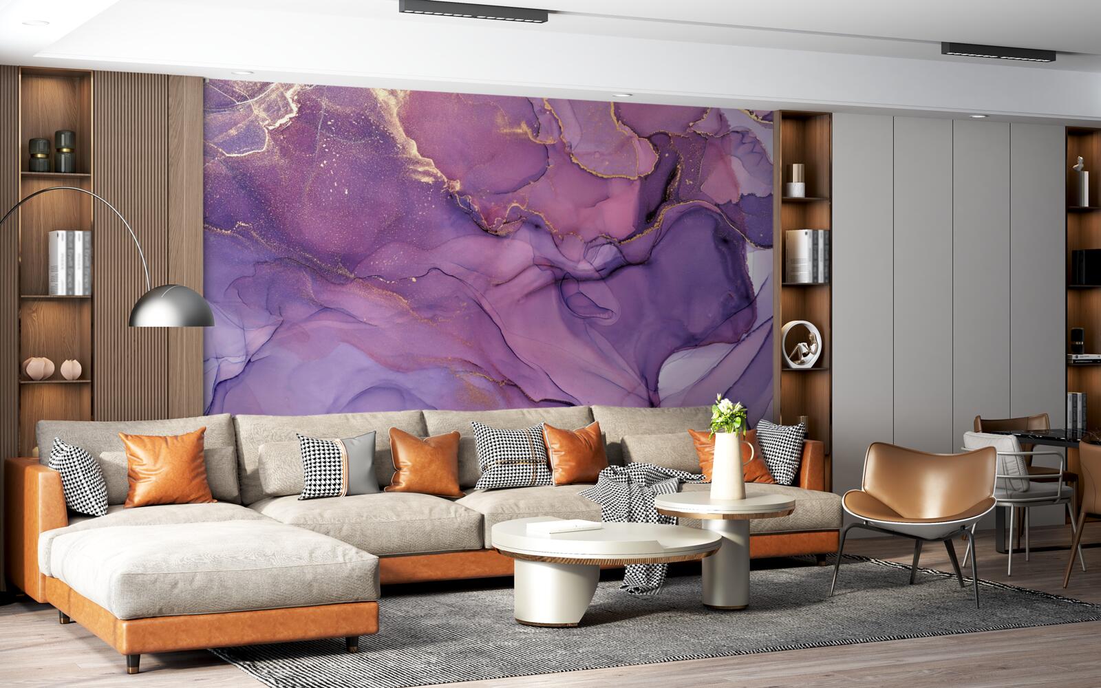 Papier peint fond de marbre lilas avec éléments dorés