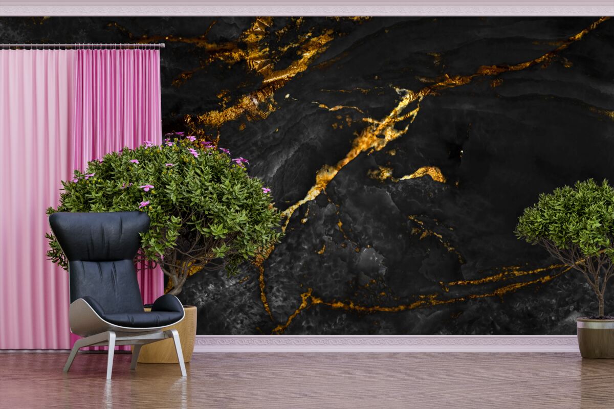 Papier peint marbre noir veiné d'or