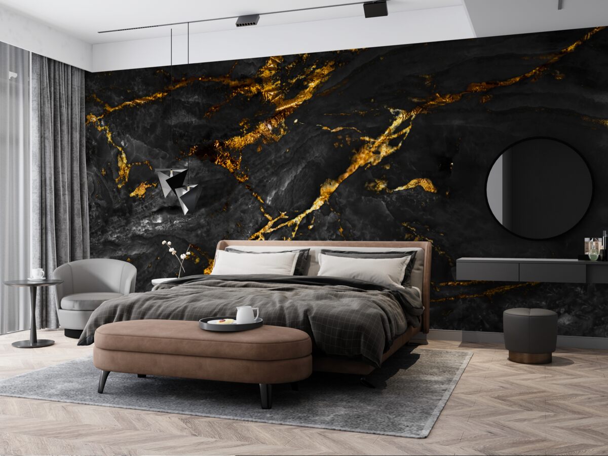 Papier peint marbre noir veiné d'or