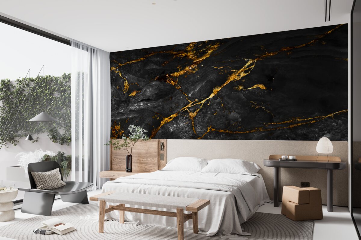 Papier peint marbre noir veiné d'or
