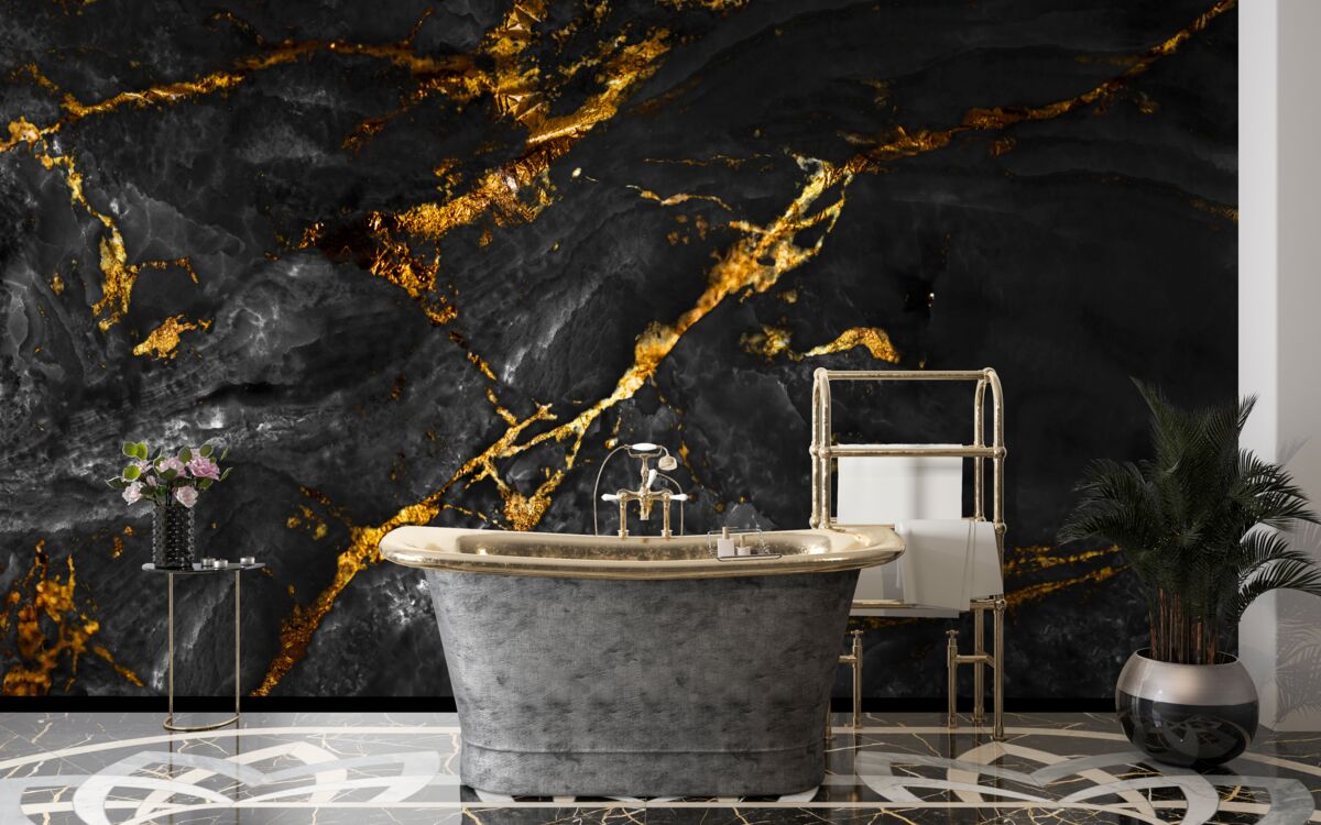 Papier peint marbre noir veiné d'or