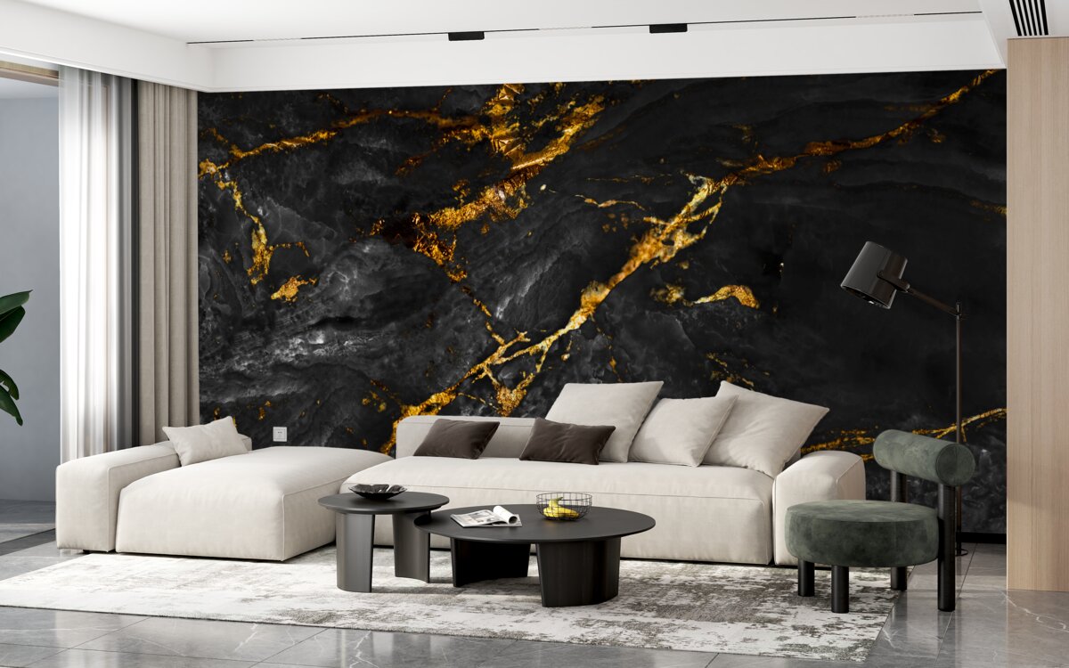 Papier peint marbre noir veiné d'or