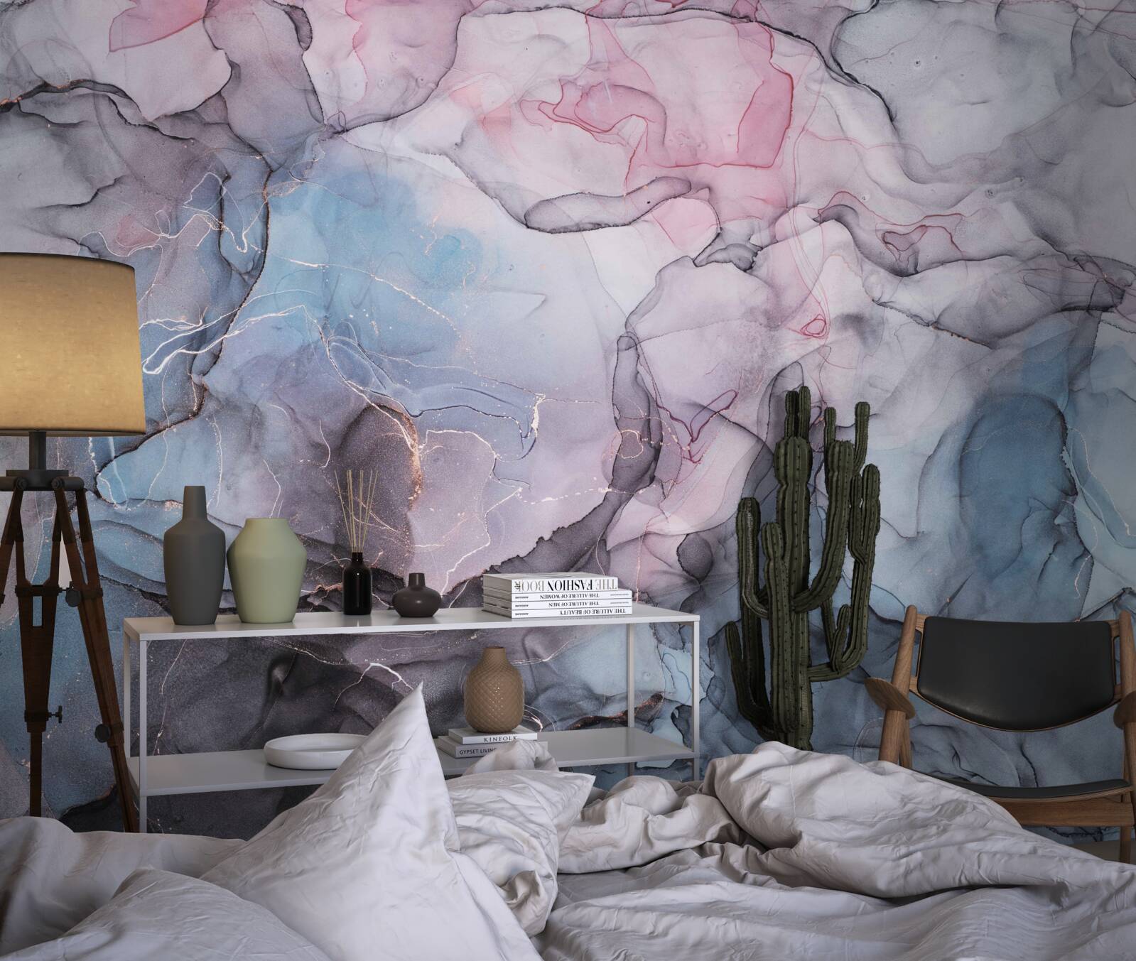 Papier peint marbre abstrait dans les tons de rose et de bleu