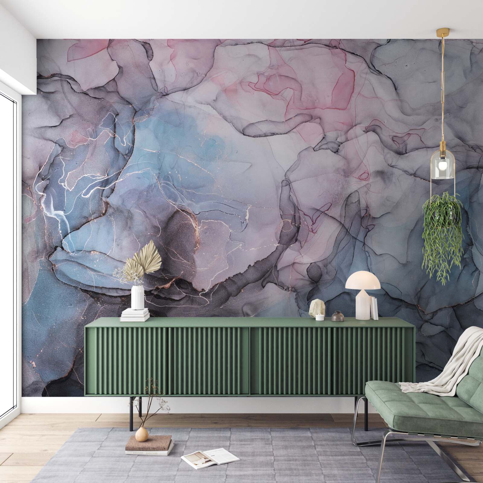 Papier peint marbre abstrait dans les tons de rose et de bleu