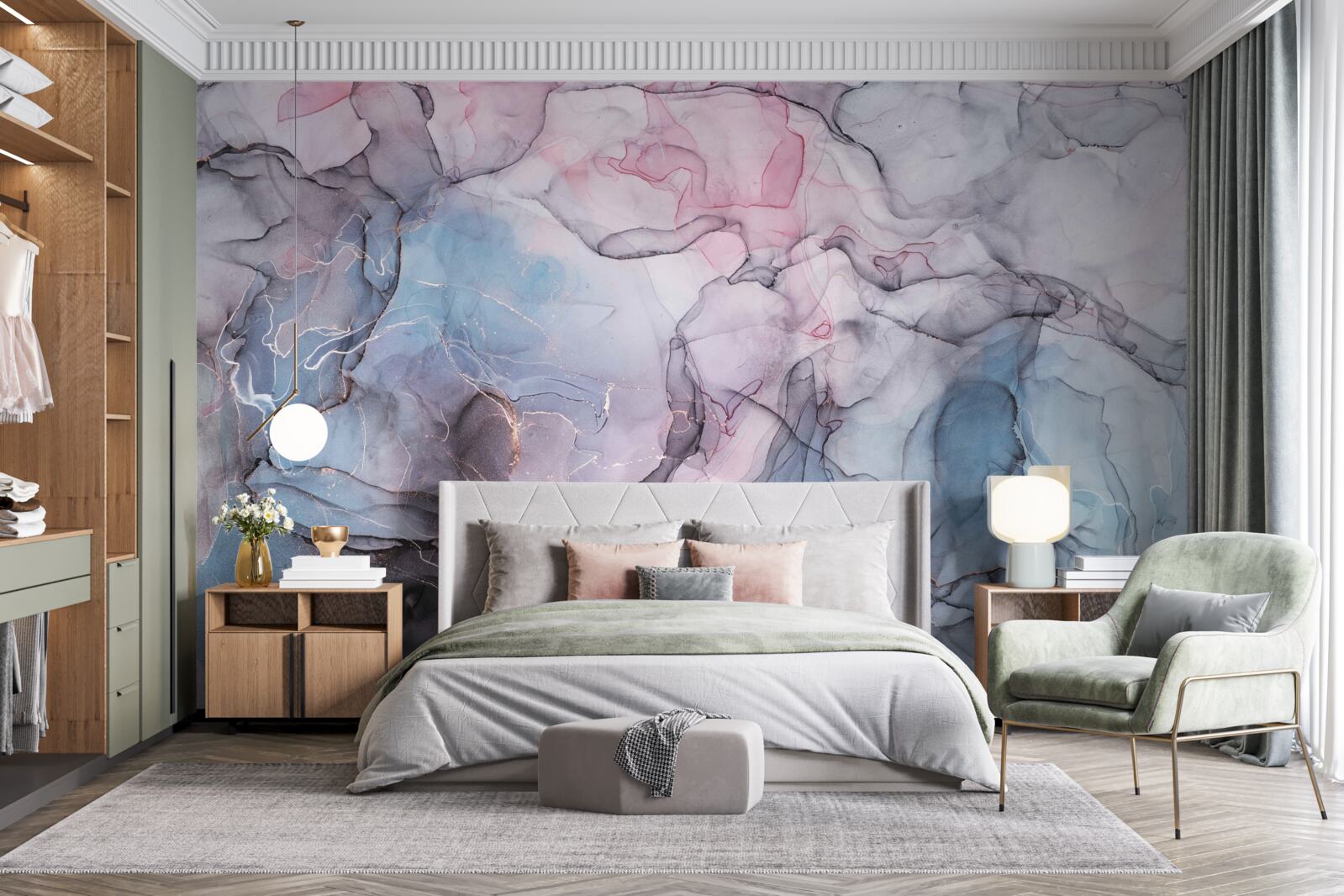 Papier peint marbre abstrait dans les tons de rose et de bleu