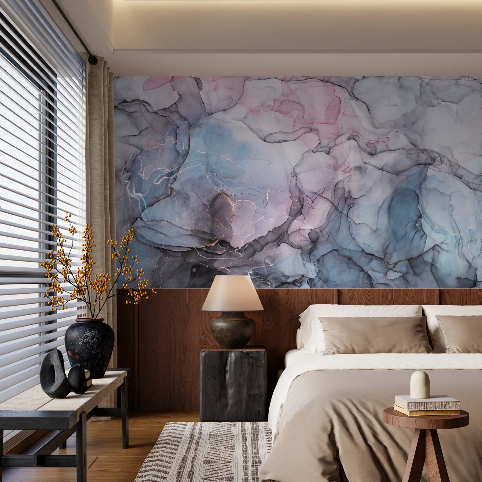 Papier peint marbre abstrait dans les tons de rose et de bleu