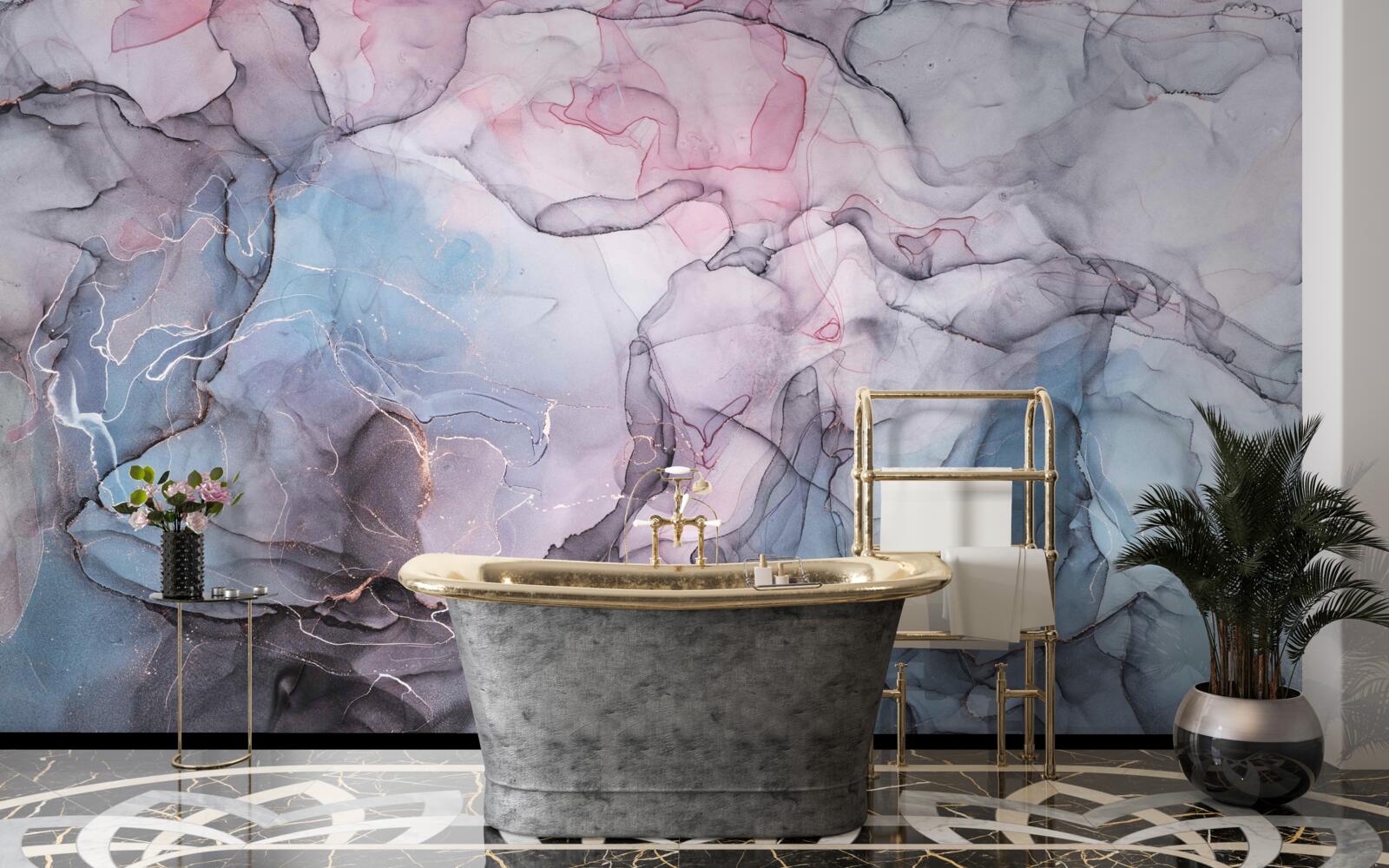 Papier peint marbre abstrait dans les tons de rose et de bleu