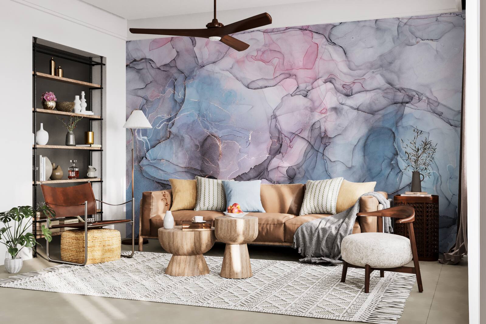 Papier peint marbre abstrait dans les tons de rose et de bleu