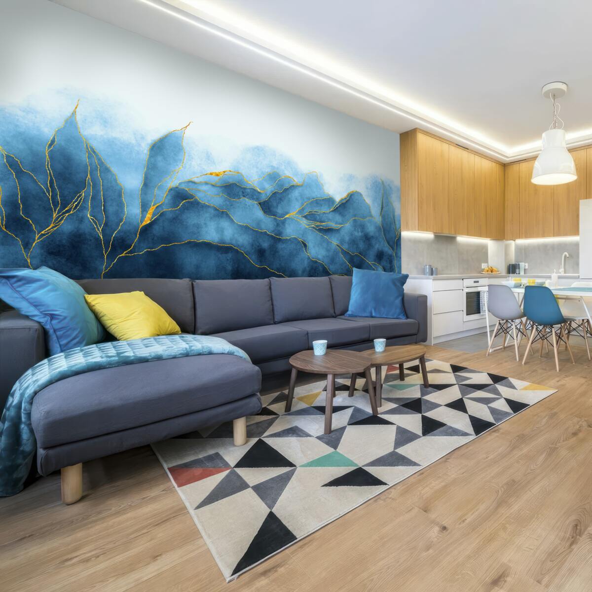 Papier peint Feuilles d'aquarelle en nuances de bleu